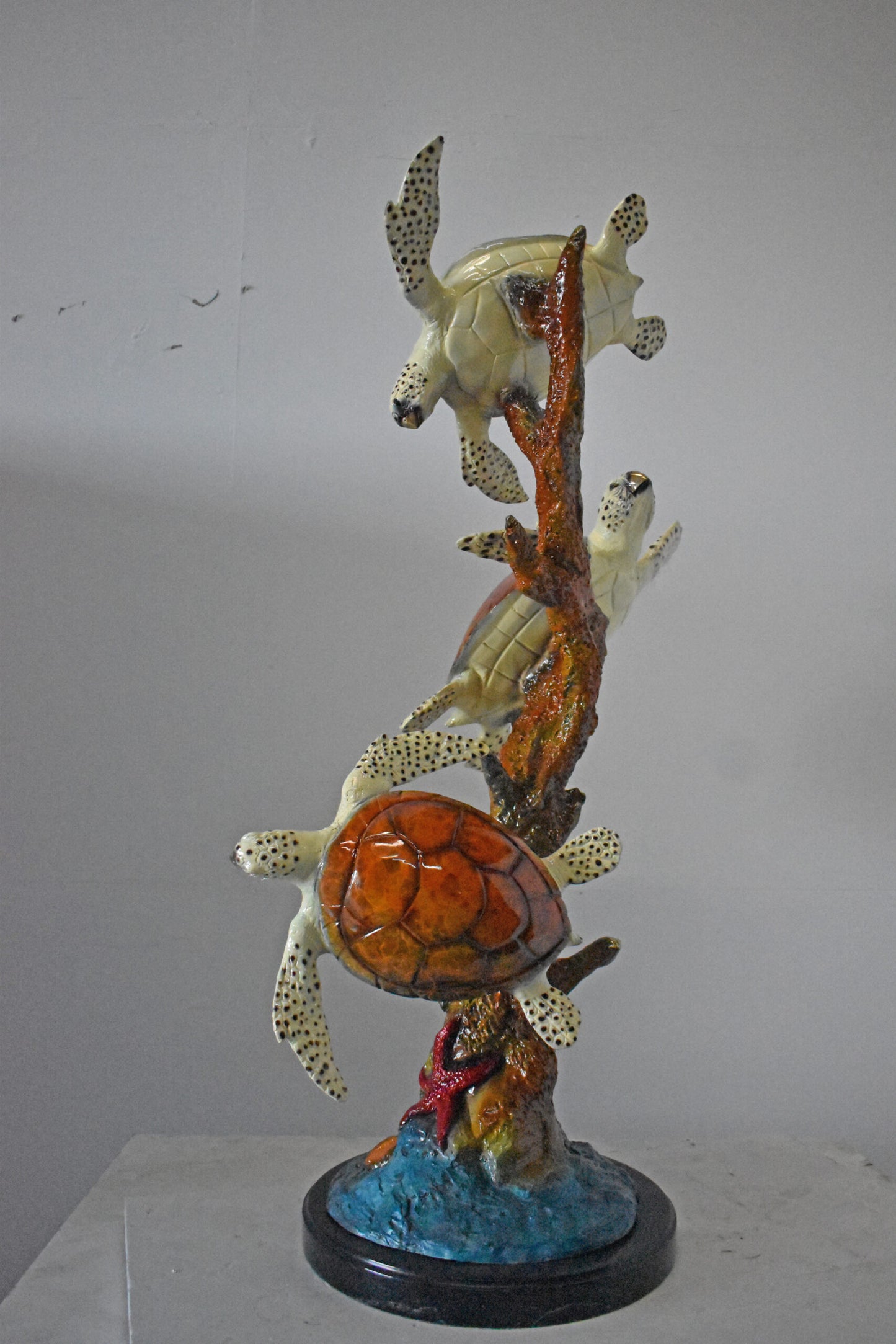 Nifao Three Turtles Bronze Statue on Marble Base – Lost Wax Ocean-Inspired Sculpture with Patina Finish - 32" L x 32" W x 41" H