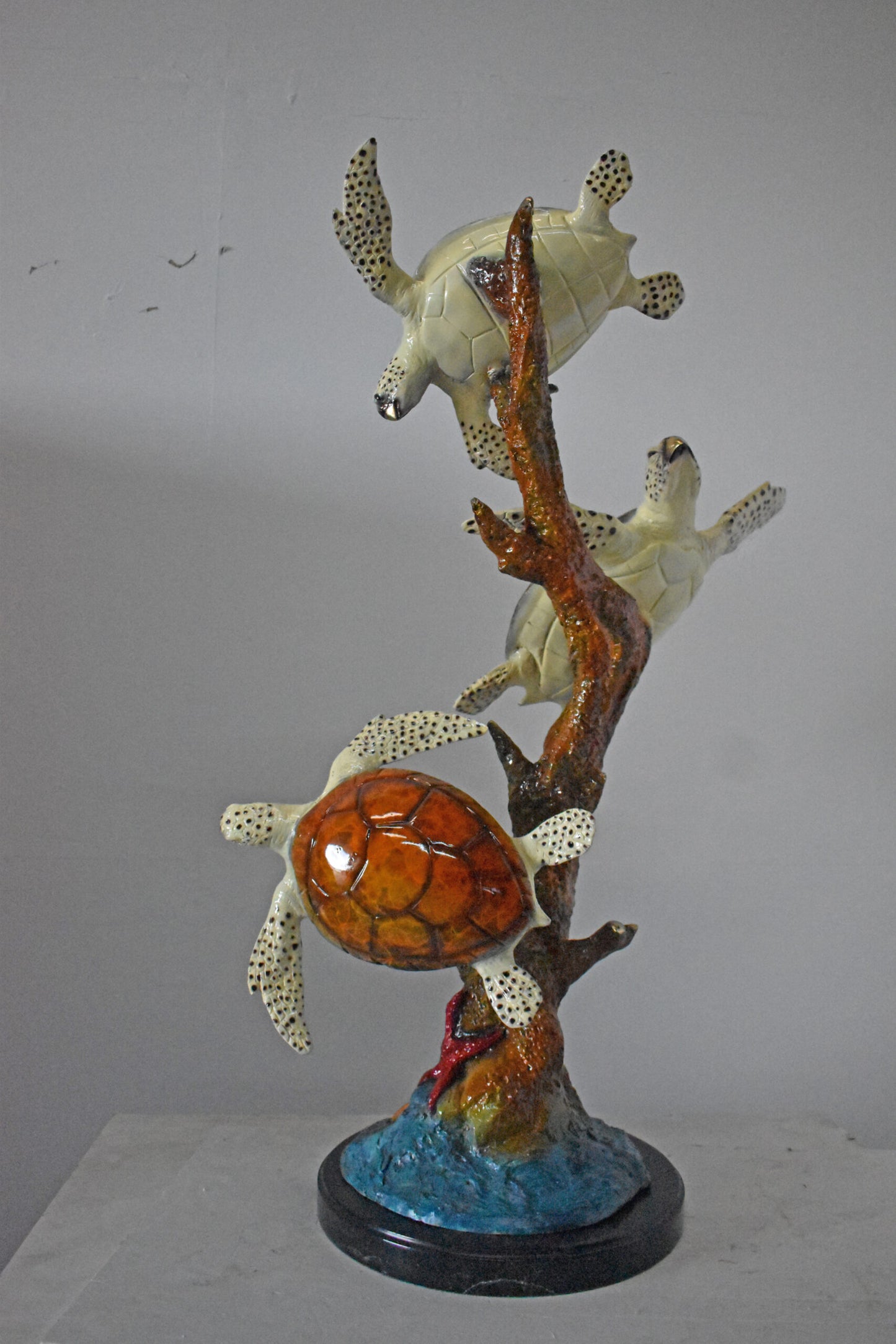 Nifao Three Turtles Bronze Statue on Marble Base – Lost Wax Ocean-Inspired Sculpture with Patina Finish - 32" L x 32" W x 41" H