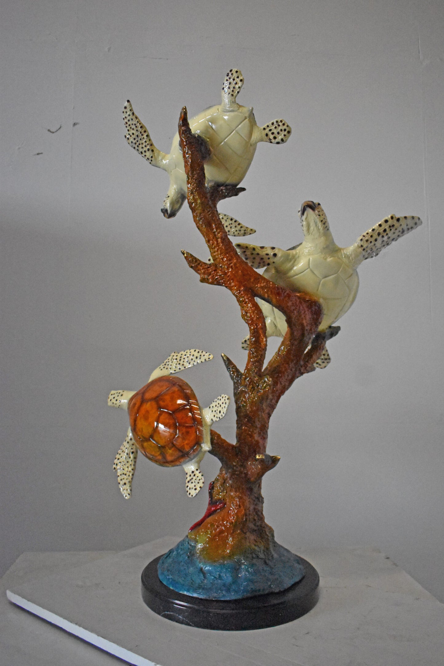 Nifao Three Turtles Bronze Statue on Marble Base – Lost Wax Ocean-Inspired Sculpture with Patina Finish - 32" L x 32" W x 41" H