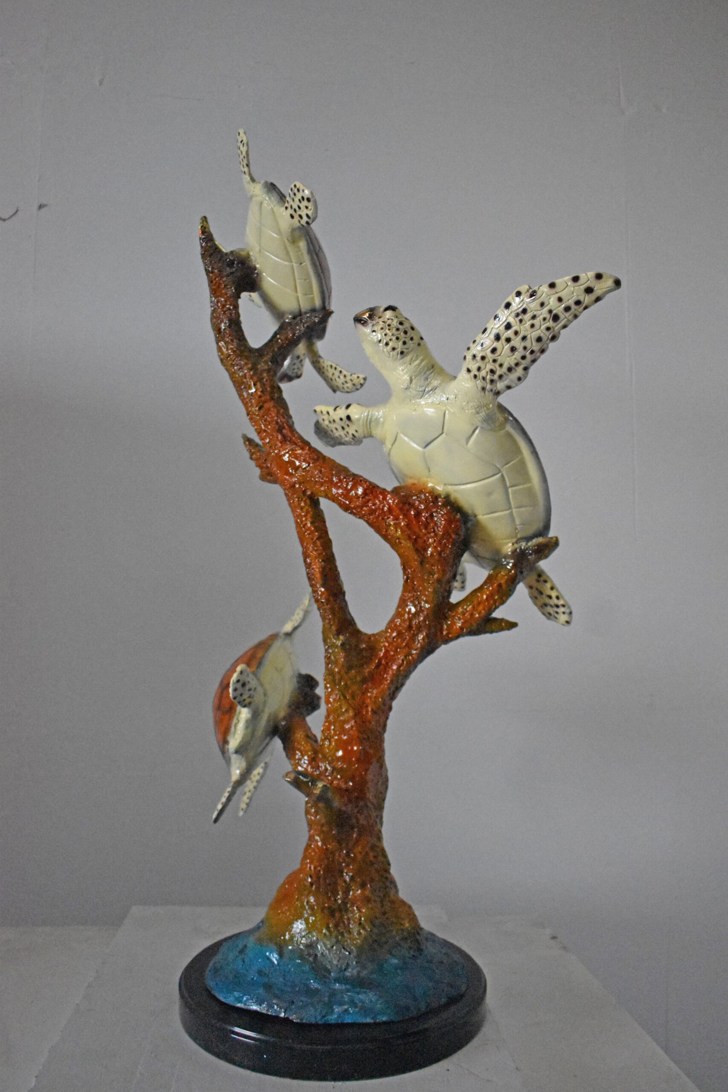 Nifao Three Turtles Bronze Statue on Marble Base – Lost Wax Ocean-Inspired Sculpture with Patina Finish - 32" L x 32" W x 41" H