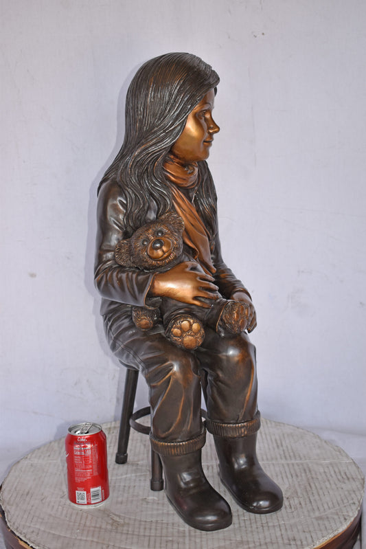 Girl Sitting with her Teddy bear Bronze Statue - Size: 12" x 15" x 27"H.