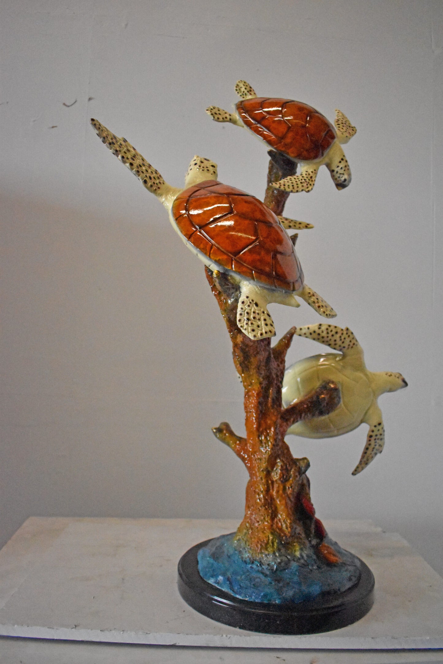 Nifao Three Turtles Bronze Statue on Marble Base – Lost Wax Ocean-Inspired Sculpture with Patina Finish - 32" L x 32" W x 41" H