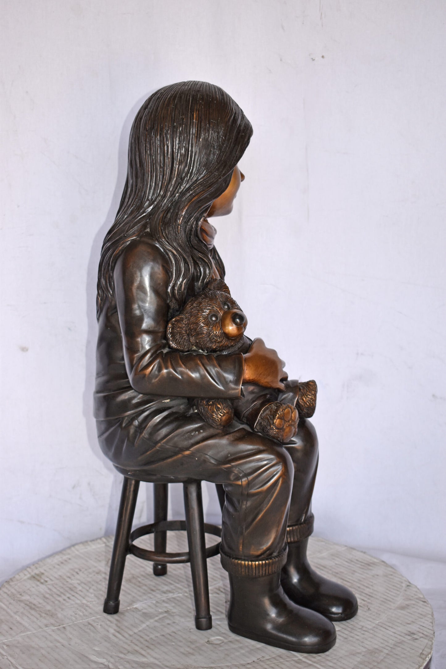 Girl Sitting with her Teddy bear Bronze Statue - Size: 12" x 15" x 27"H.