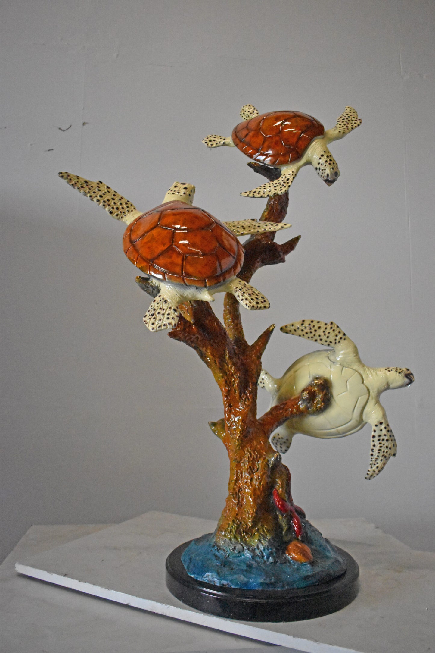 Nifao Three Turtles Bronze Statue on Marble Base – Lost Wax Ocean-Inspired Sculpture with Patina Finish - 32" L x 32" W x 41" H