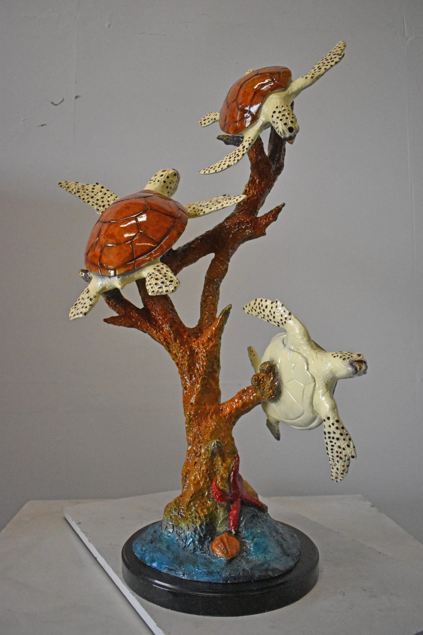 Nifao Three Turtles Bronze Statue on Marble Base – Lost Wax Ocean-Inspired Sculpture with Patina Finish - 32" L x 32" W x 41" H