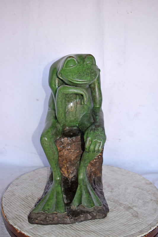 Green Frog Thinking Bronze Statue - Size: 10"L x 16"W x 20"H.