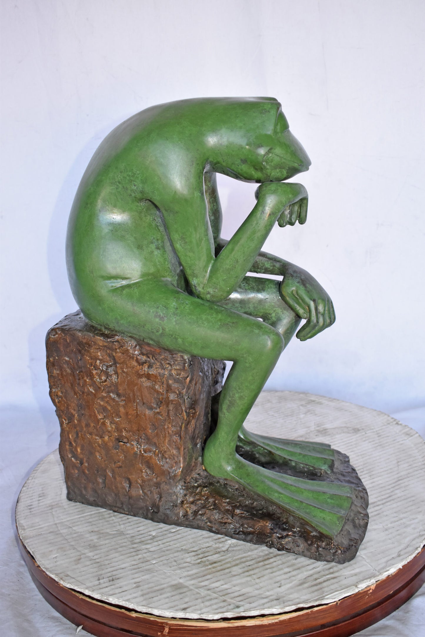 Green Frog Thinking Bronze Statue - Size: 10"L x 16"W x 20"H.