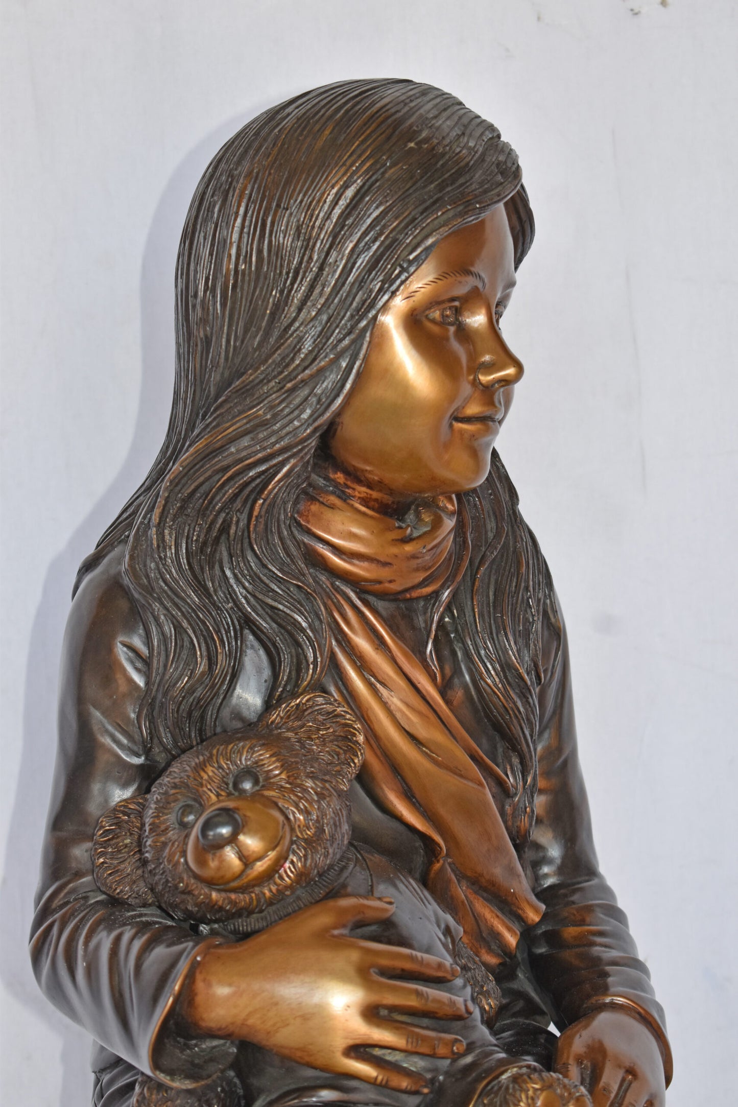 Girl Sitting with her Teddy bear Bronze Statue - Size: 12" x 15" x 27"H.