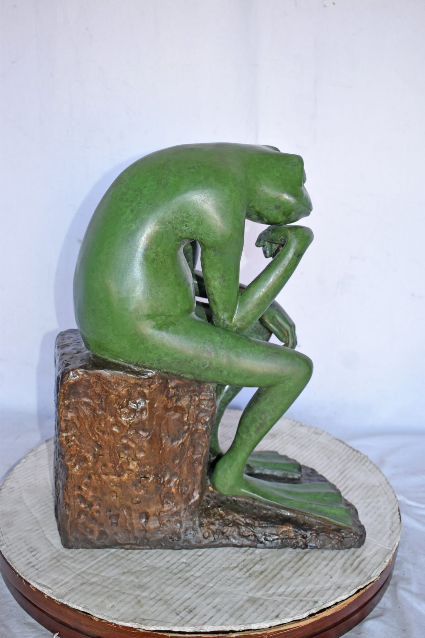 Green Frog Thinking Bronze Statue - Size: 10"L x 16"W x 20"H.