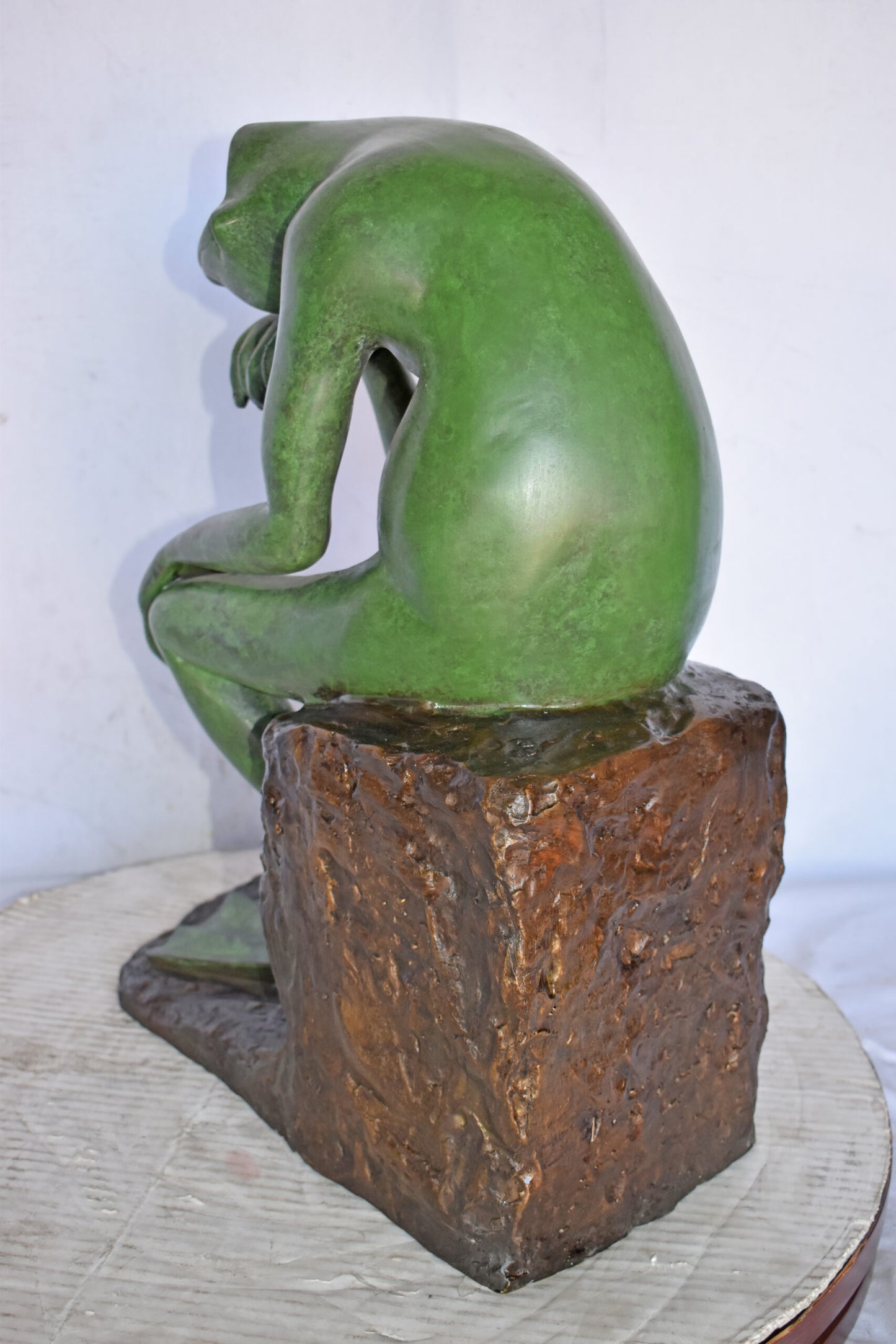 Green Frog Thinking Bronze Statue - Size: 10"L x 16"W x 20"H.