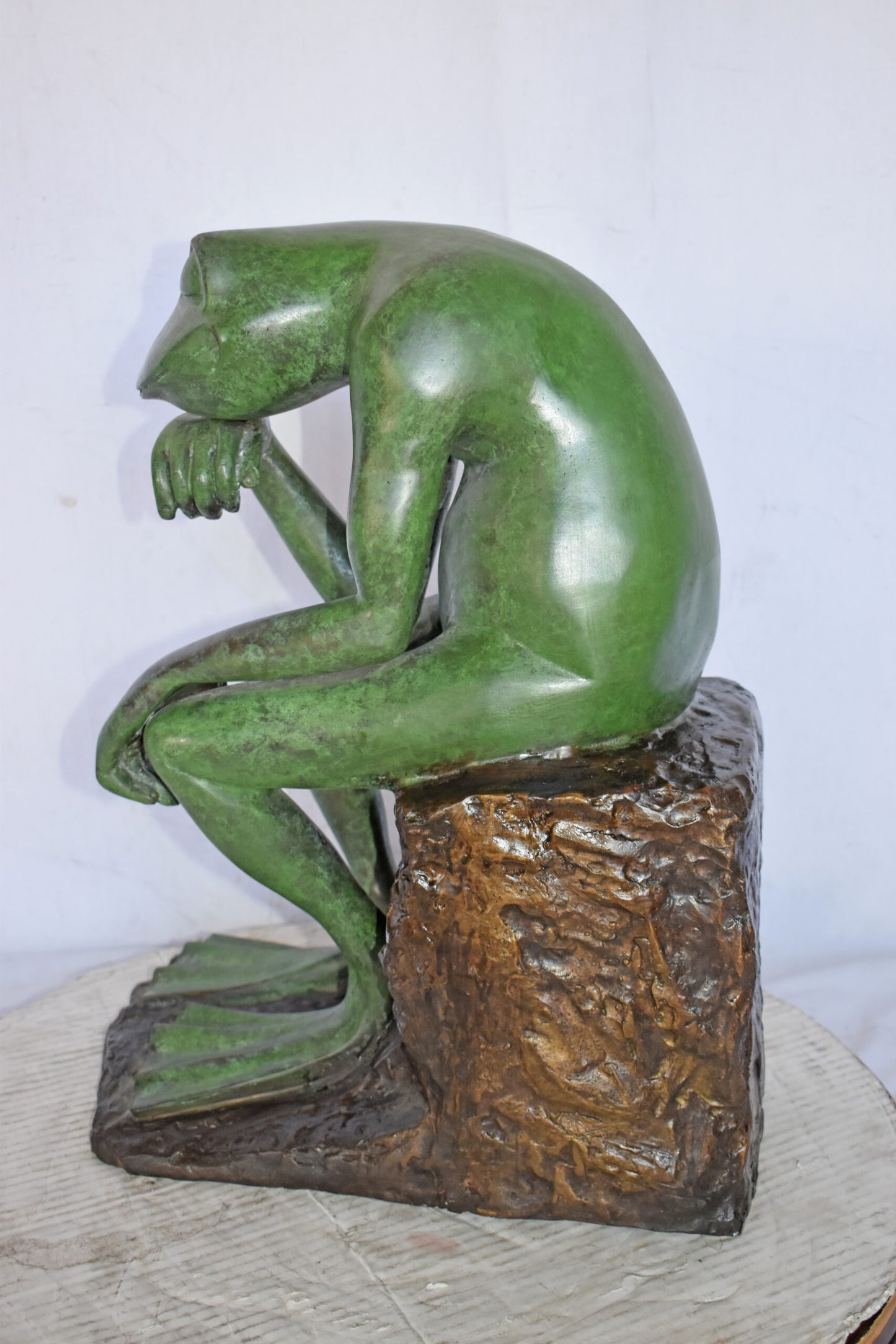 Green Frog Thinking Bronze Statue - Size: 10"L x 16"W x 20"H.