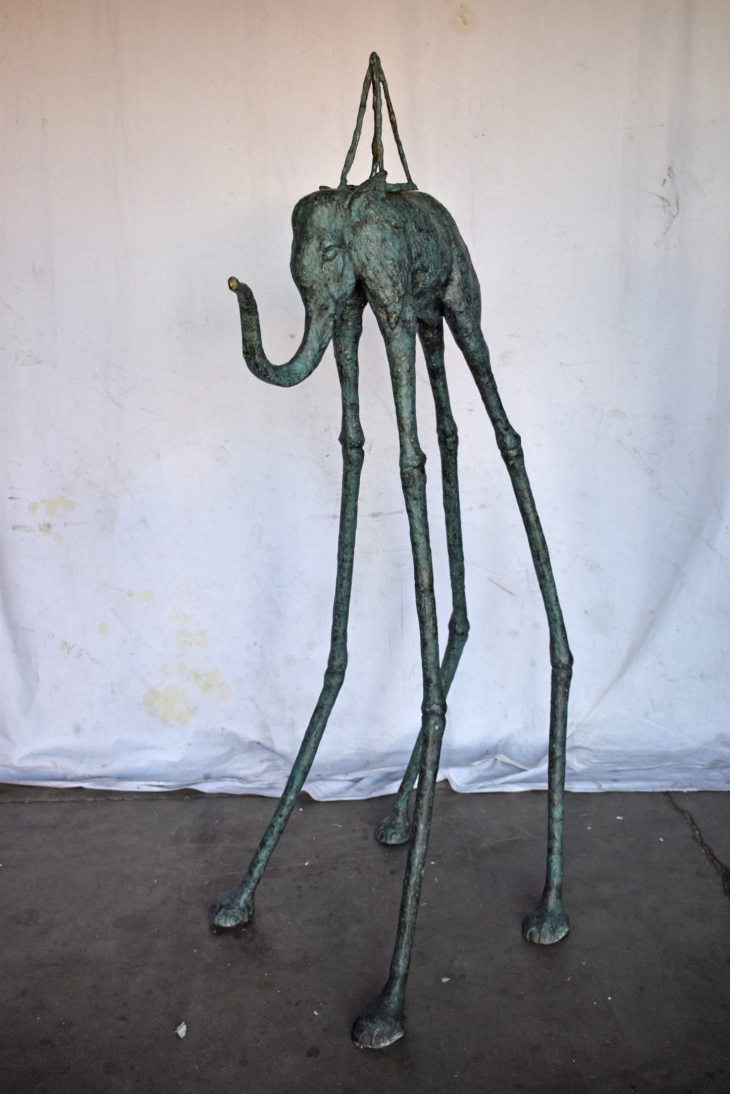 Modern Art Green Patina Tall Elephant Bronze Statue - Size: 26"L x 27"W x 67"H.