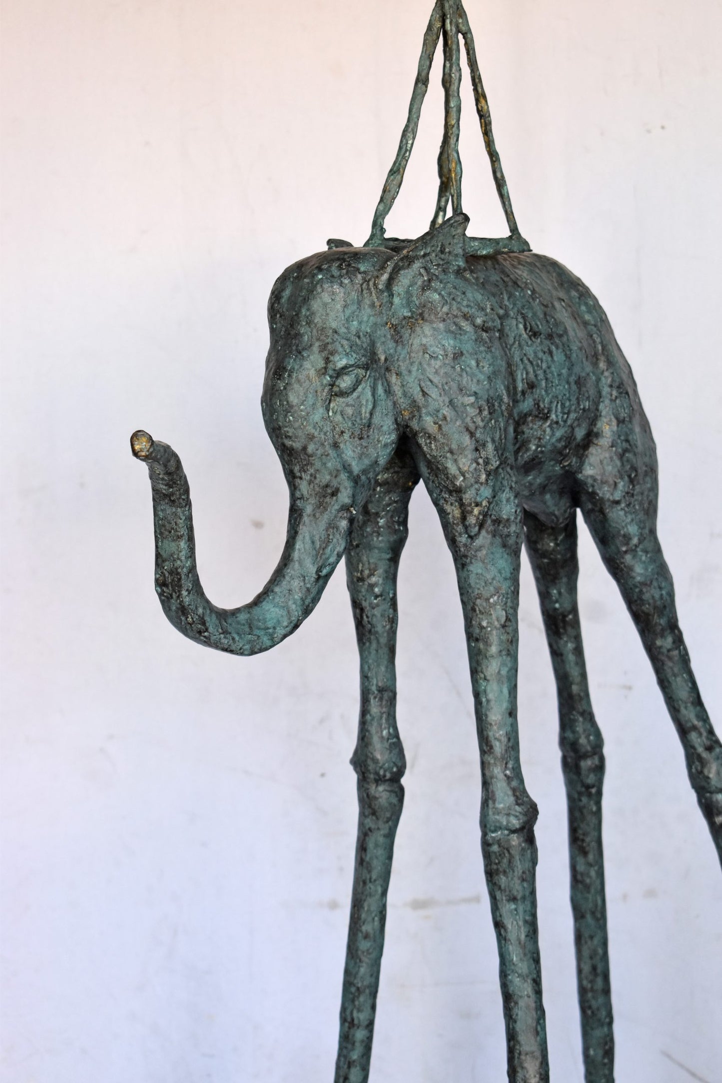 Modern Art Green Patina Tall Elephant Bronze Statue - Size: 26"L x 27"W x 67"H.
