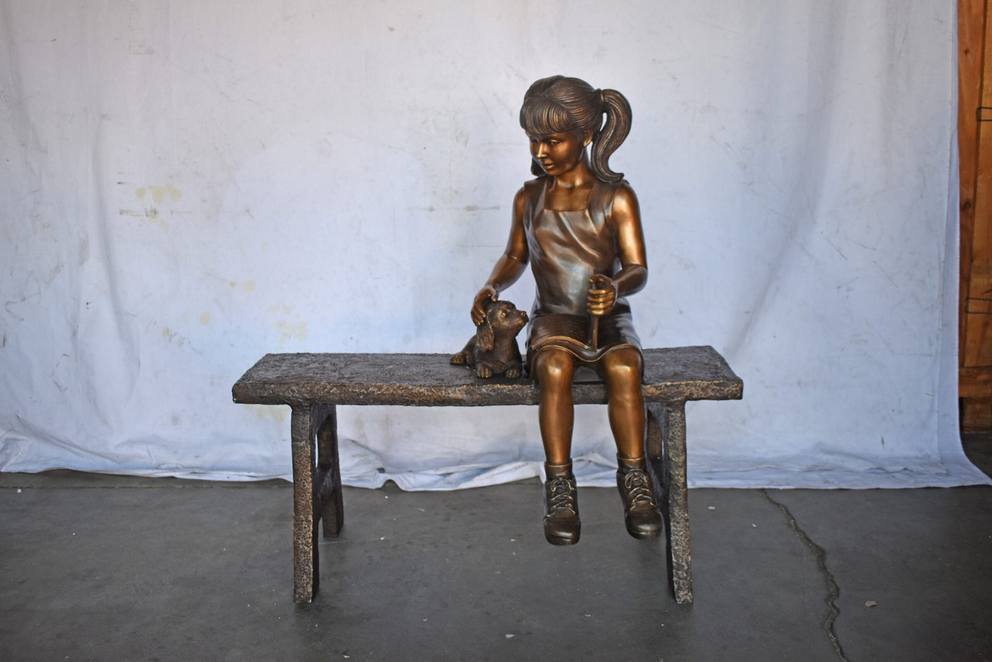 Young Girl with Her Puppy on Bench Reading Bronze Statue, Size 37" x 17" x 38"H