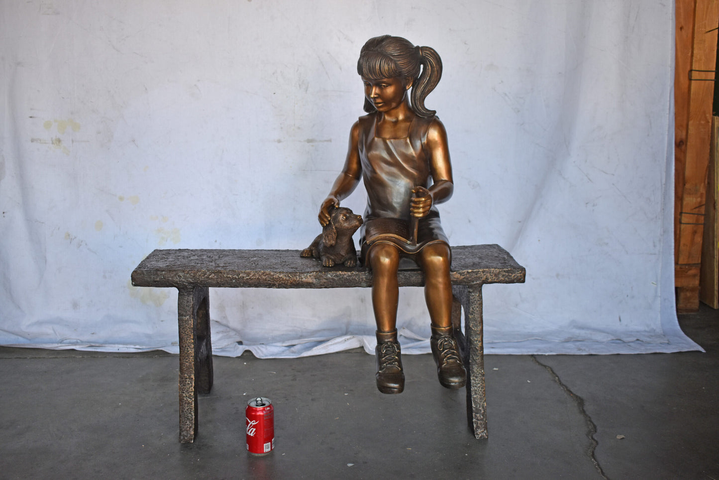 Young Girl with Her Puppy on Bench Reading Bronze Statue, Size 37" x 17" x 38"H