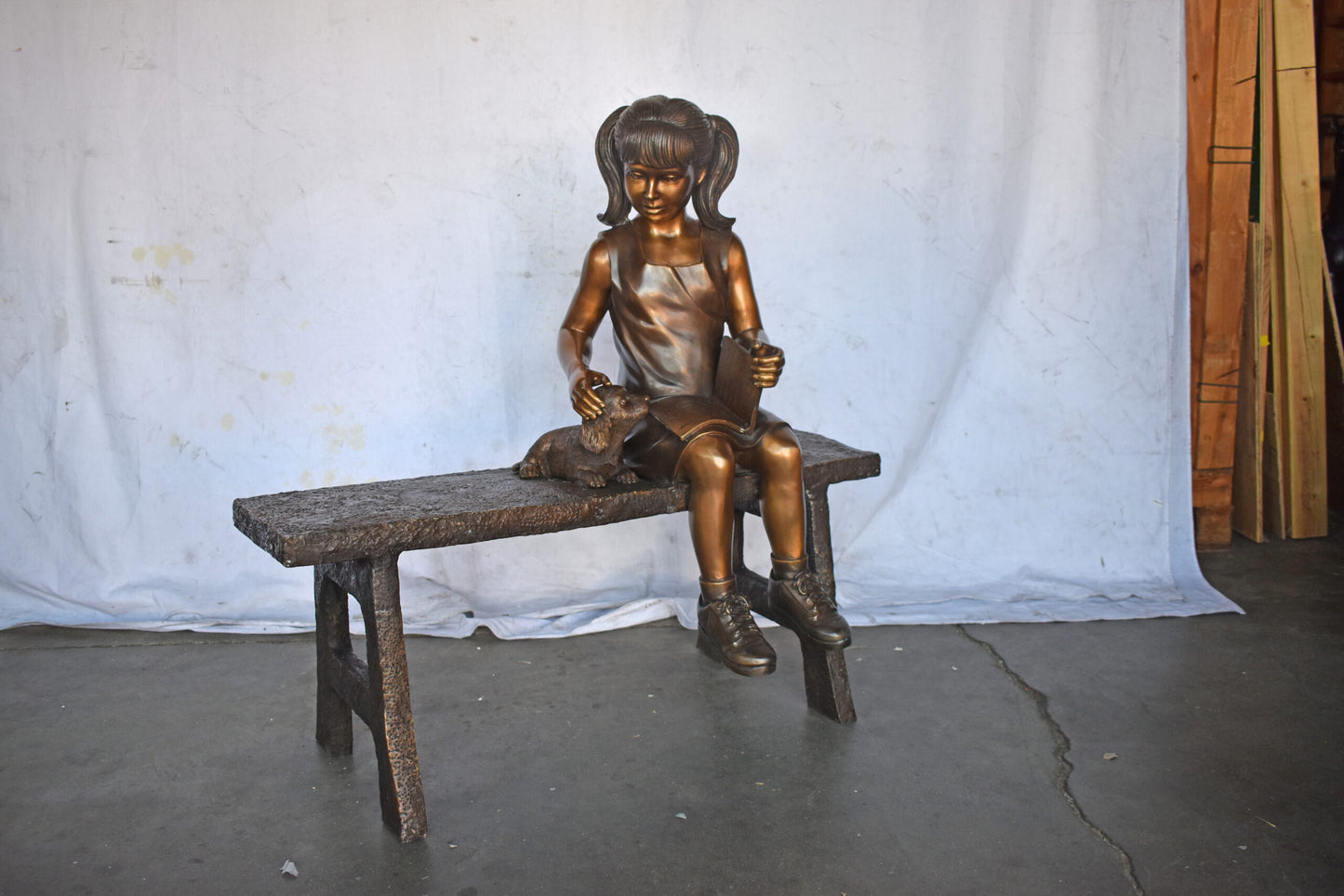 Young Girl with Her Puppy on Bench Reading Bronze Statue, Size 37" x 17" x 38"H