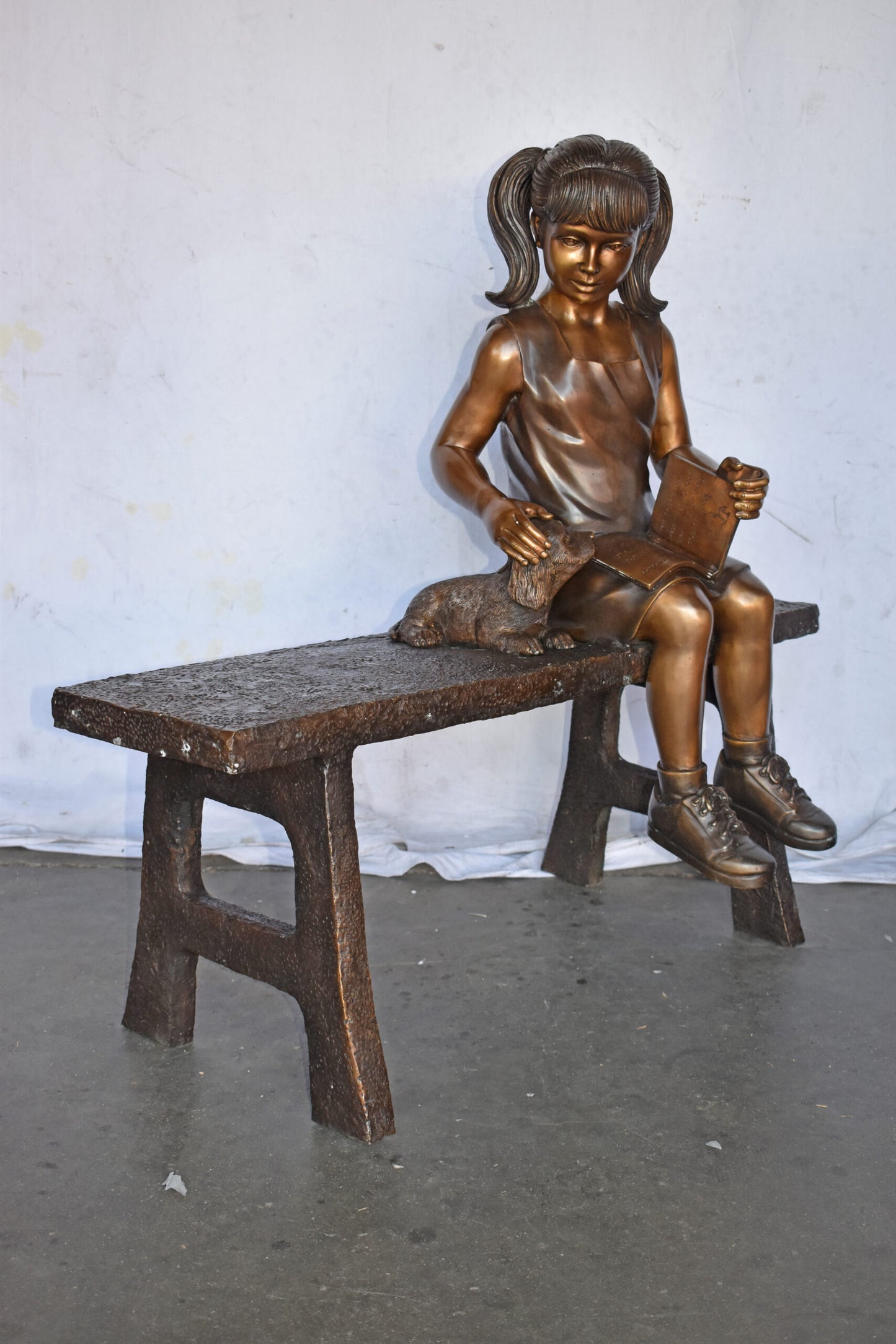Young Girl with Her Puppy on Bench Reading Bronze Statue, Size 37" x 17" x 38"H