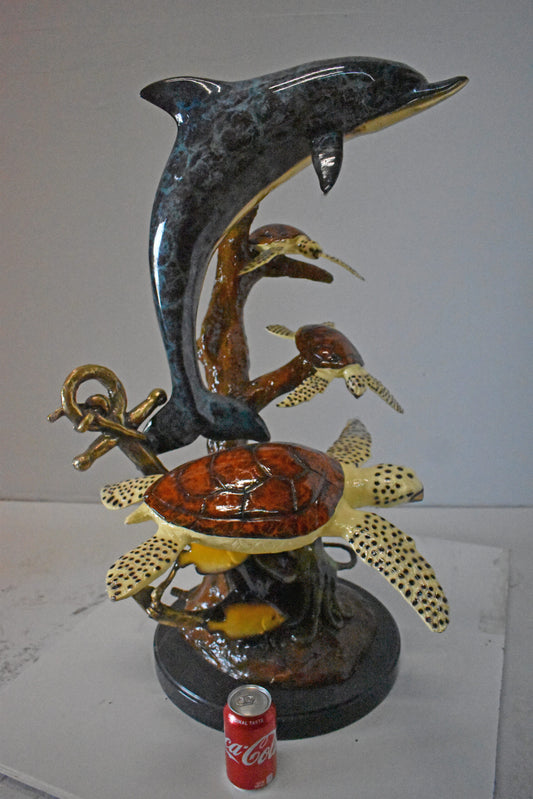 Dolphin with Three Turtles Bronze Statue Fountain - Size: 23"L x 22"W x 35"H.