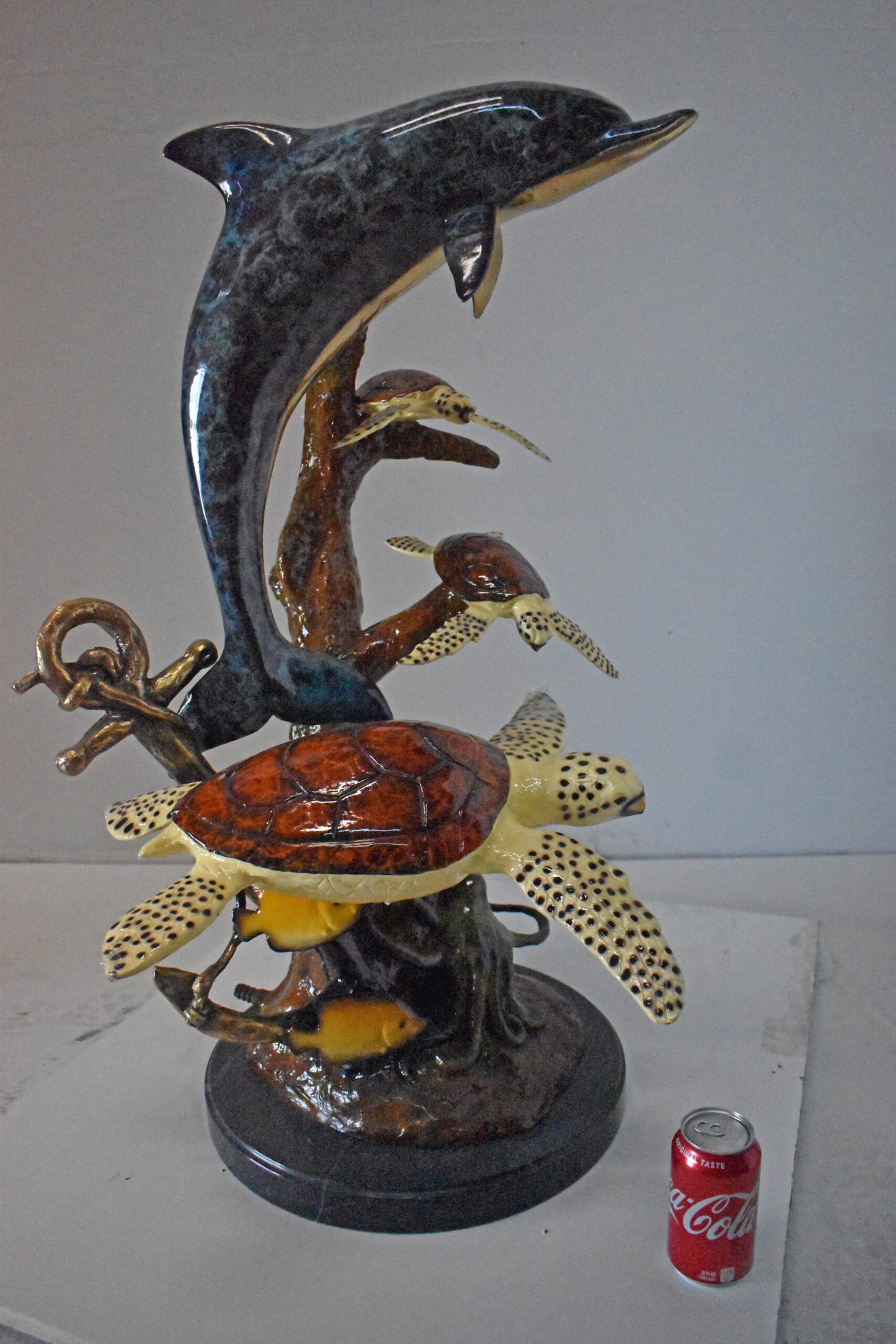 Dolphin with Three Turtles Bronze Statue Fountain - Size: 23"L x 22"W x 35"H.