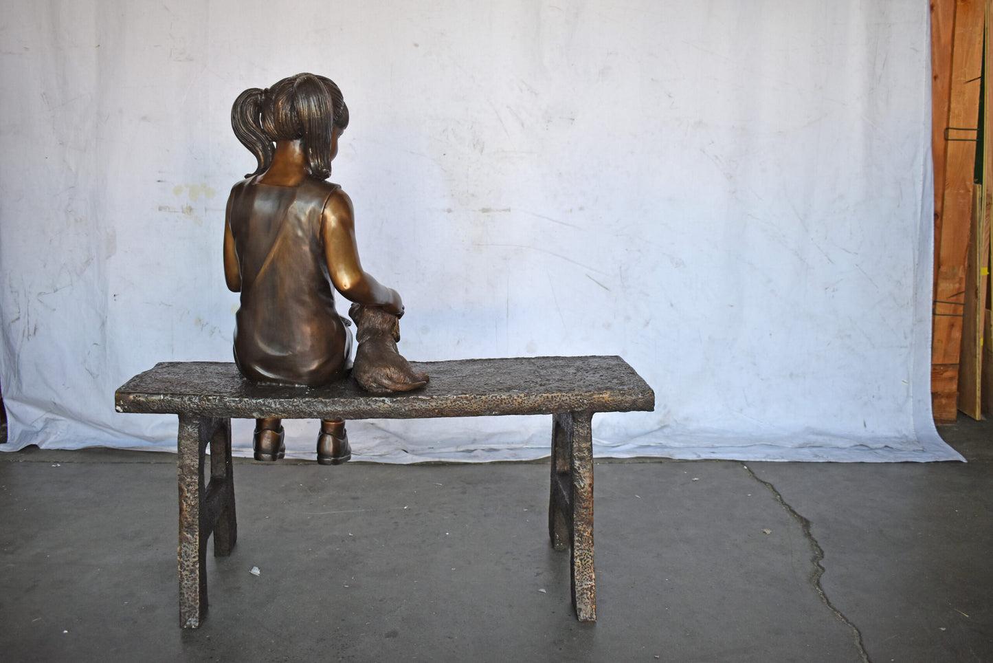 Young Girl with Her Puppy on Bench Reading Bronze Statue, Size 37" x 17" x 38"H