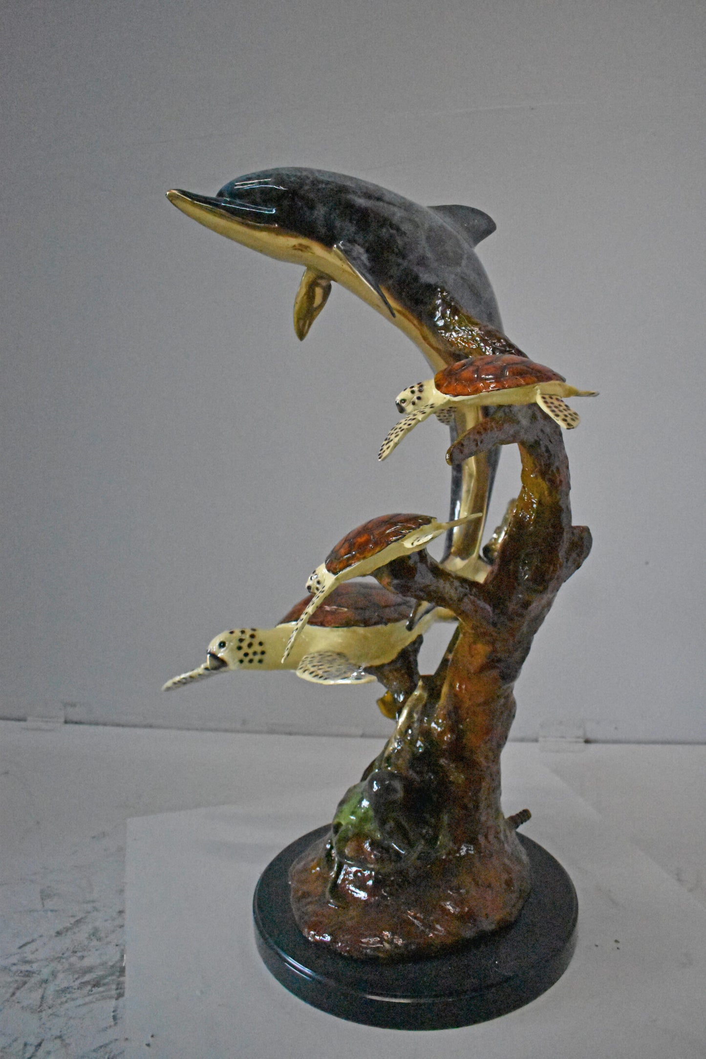 Dolphin with Three Turtles Bronze Statue Fountain - Size: 23"L x 22"W x 35"H.