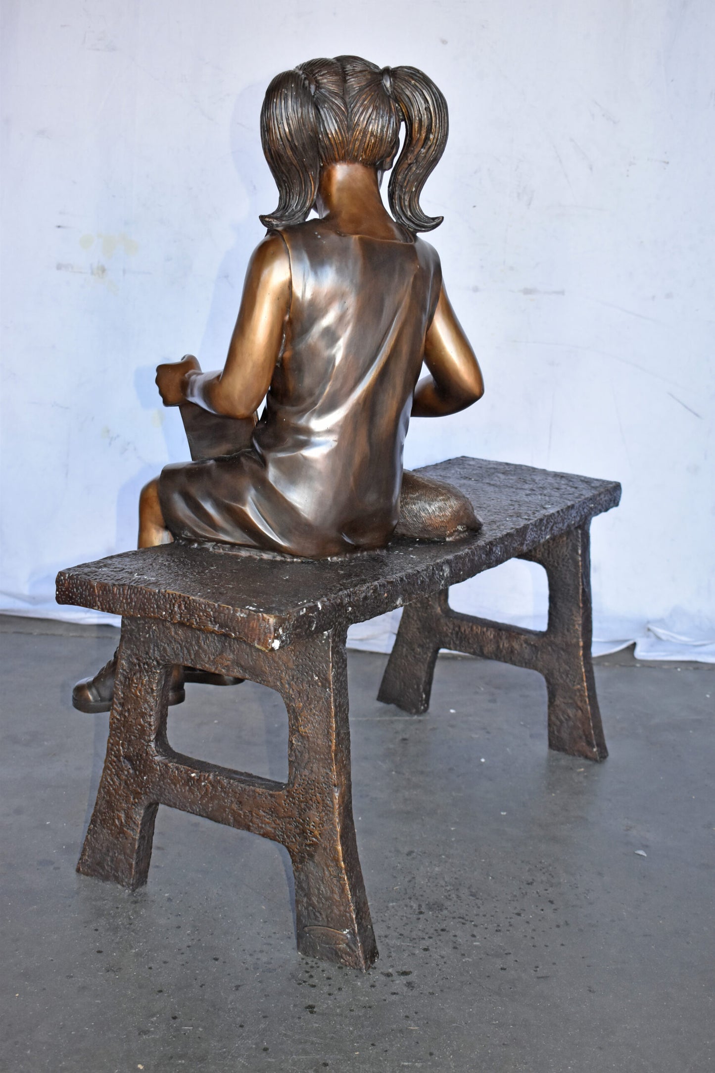 Young Girl with Her Puppy on Bench Reading Bronze Statue, Size 37" x 17" x 38"H