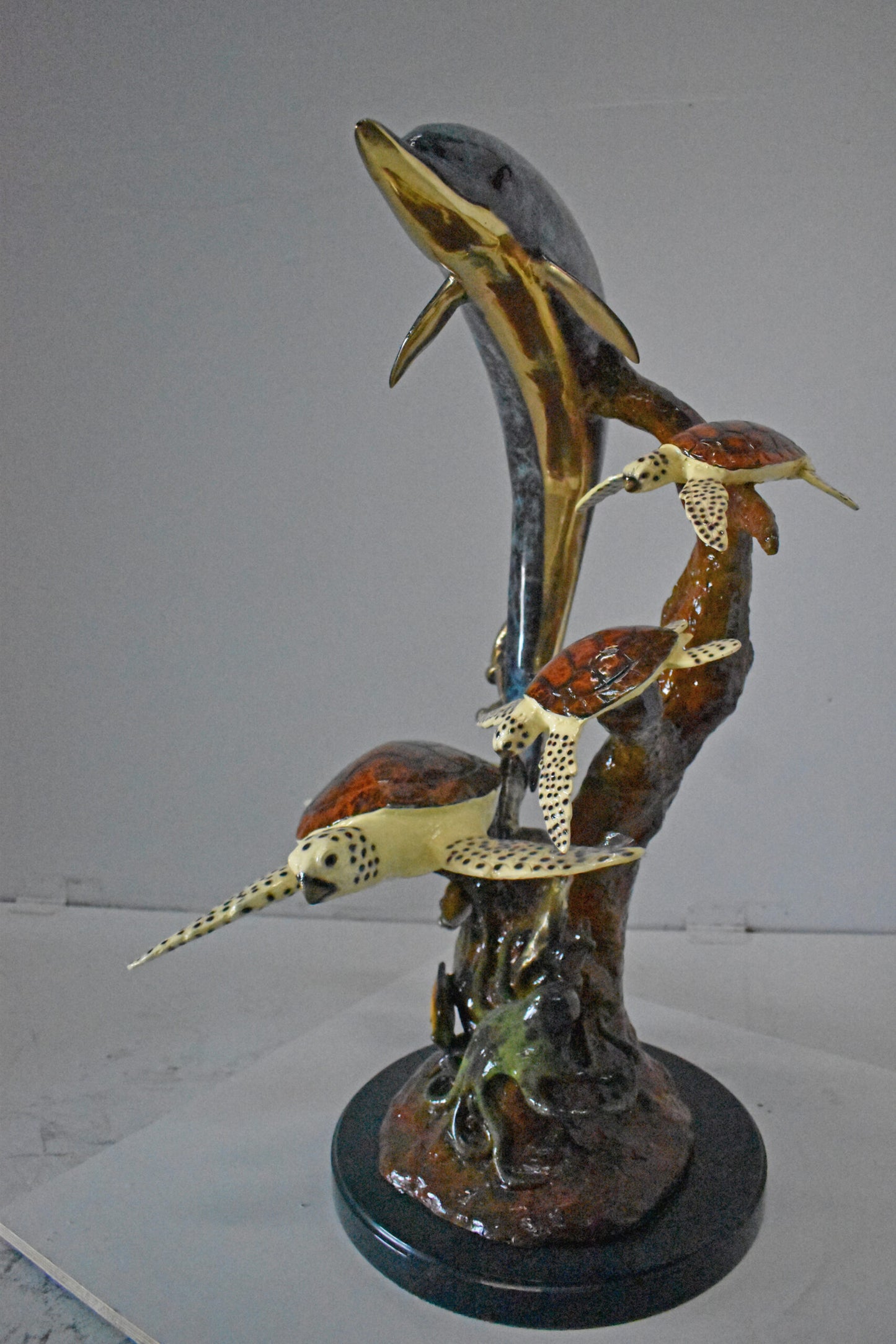 Dolphin with Three Turtles Bronze Statue Fountain - Size: 23"L x 22"W x 35"H.