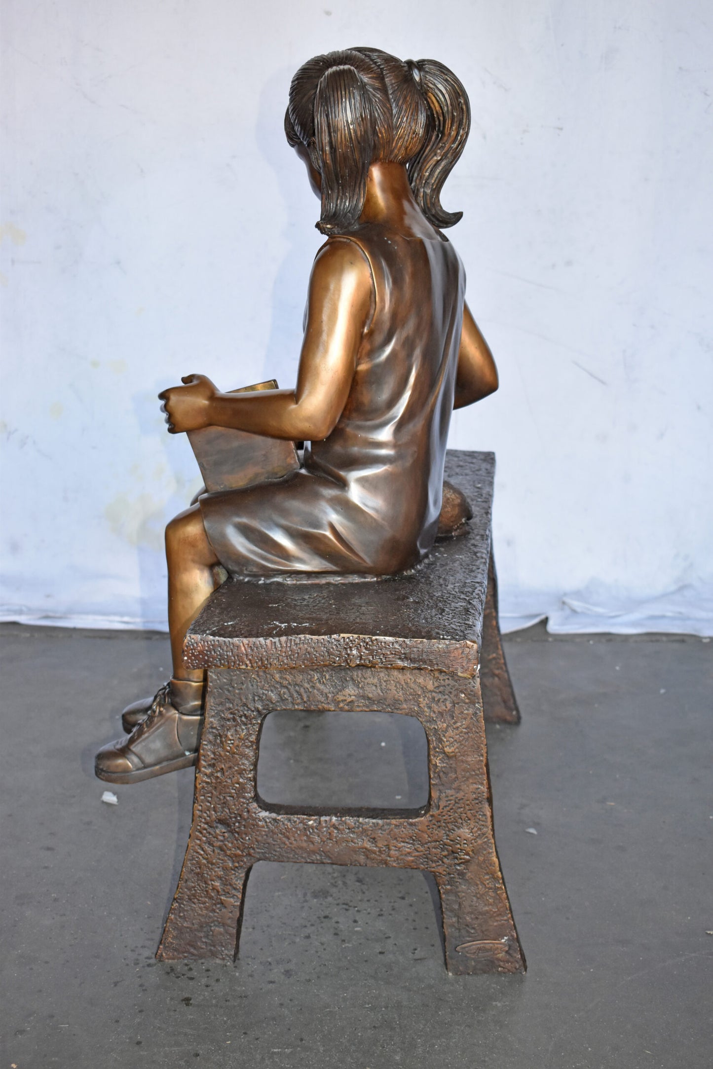 Young Girl with Her Puppy on Bench Reading Bronze Statue, Size 37" x 17" x 38"H