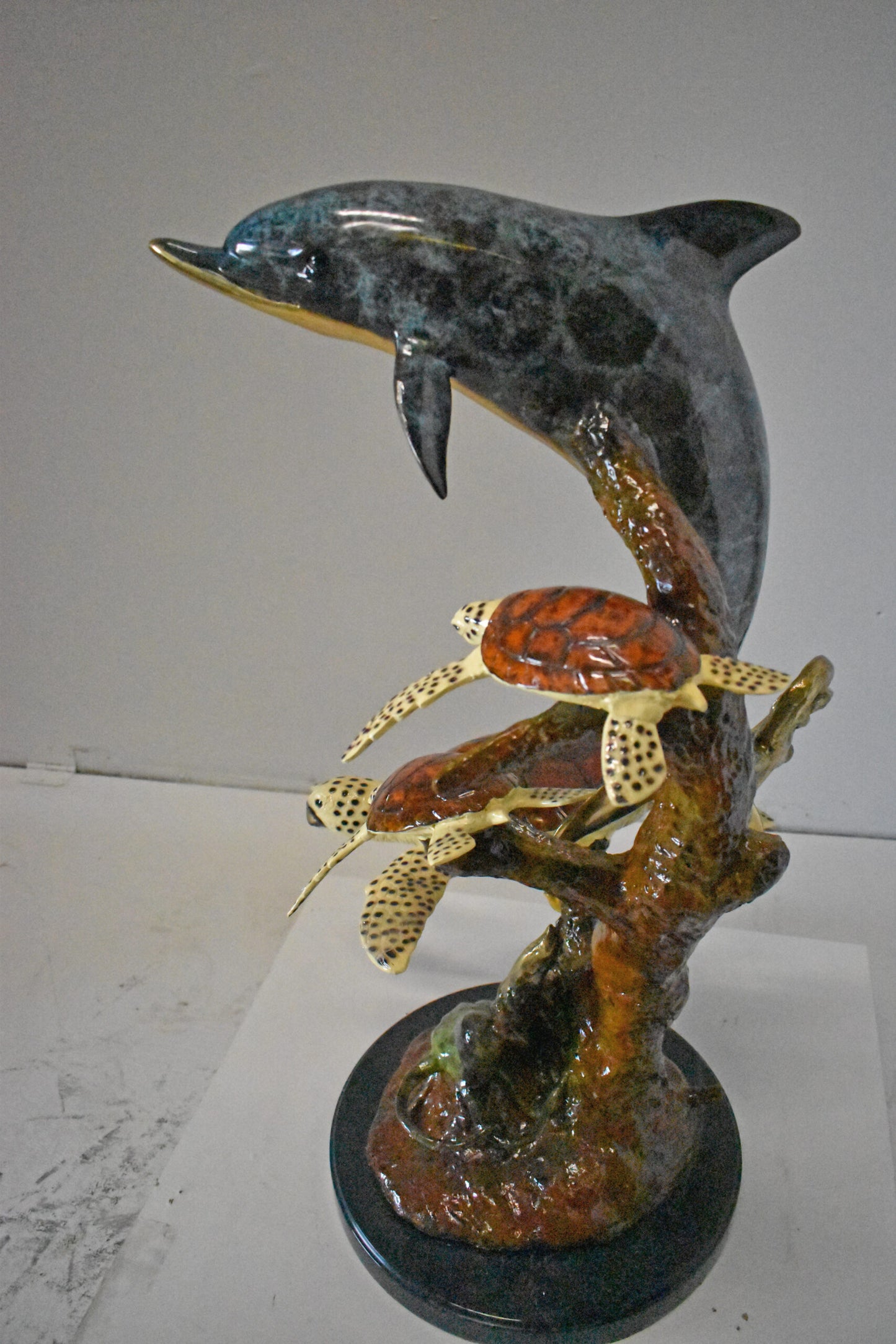 Dolphin with Three Turtles Bronze Statue Fountain - Size: 23"L x 22"W x 35"H.