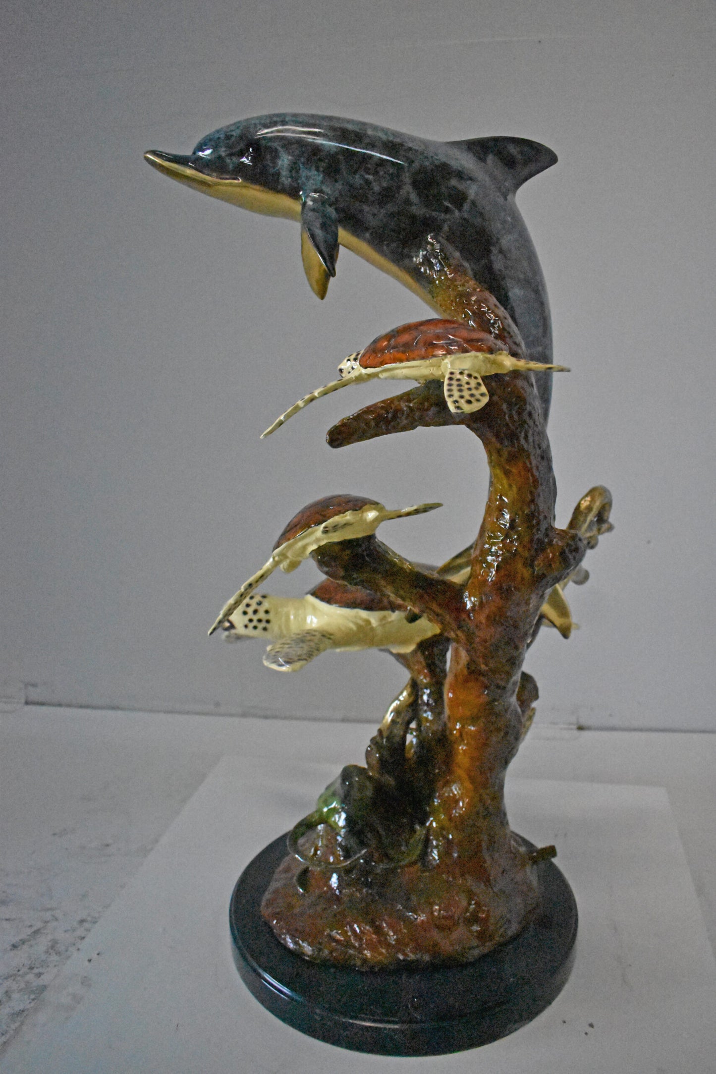 Dolphin with Three Turtles Bronze Statue Fountain - Size: 23"L x 22"W x 35"H.