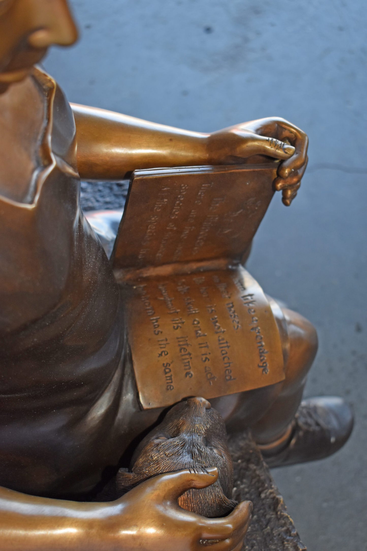Young Girl with Her Puppy on Bench Reading Bronze Statue, Size 37" x 17" x 38"H