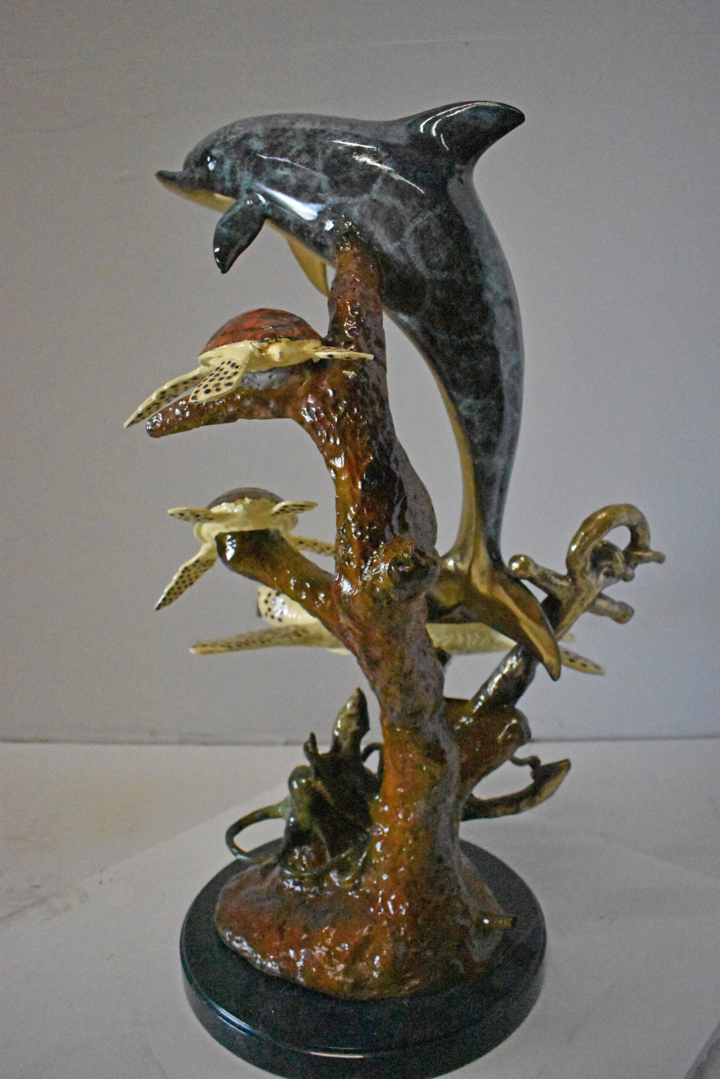 Dolphin with Three Turtles Bronze Statue Fountain - Size: 23"L x 22"W x 35"H.