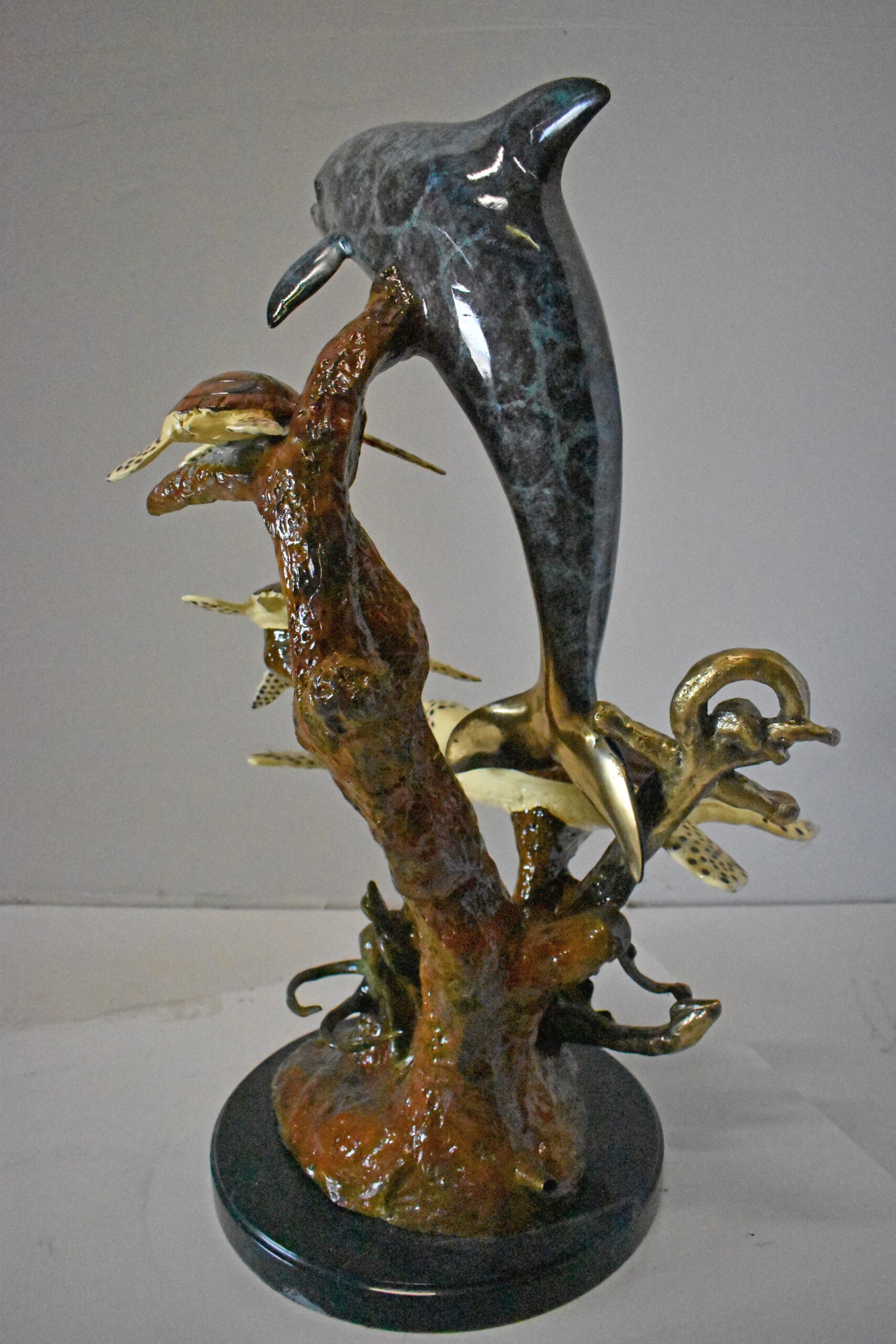 Dolphin with Three Turtles Bronze Statue Fountain - Size: 23"L x 22"W x 35"H.