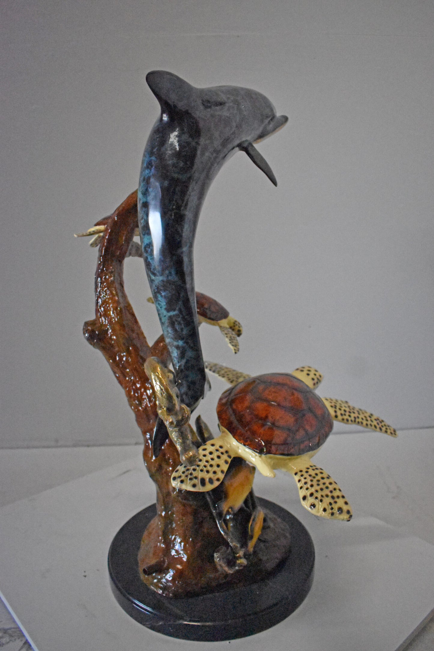Dolphin with Three Turtles Bronze Statue Fountain - Size: 23"L x 22"W x 35"H.