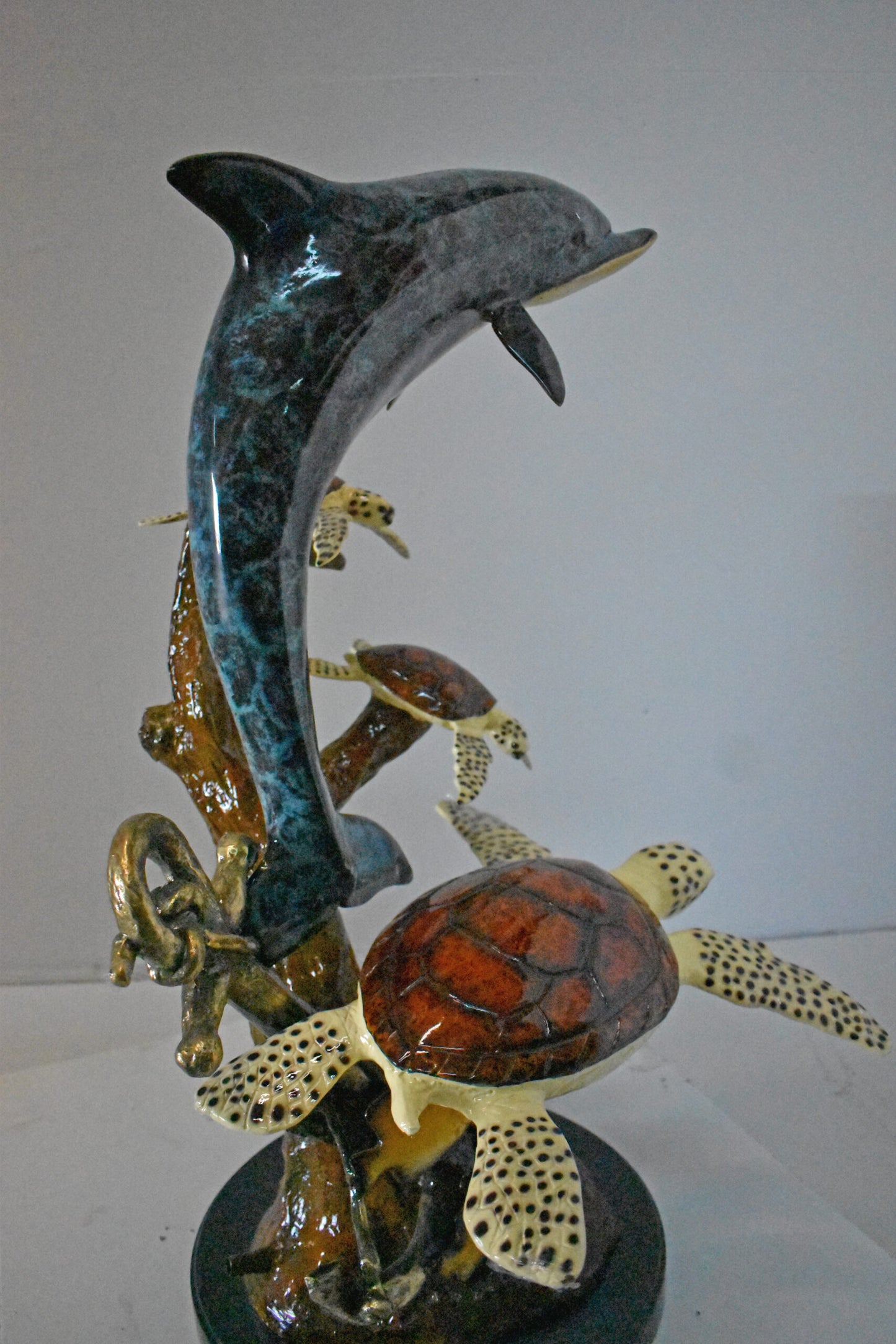 Dolphin with Three Turtles Bronze Statue Fountain - Size: 23"L x 22"W x 35"H.