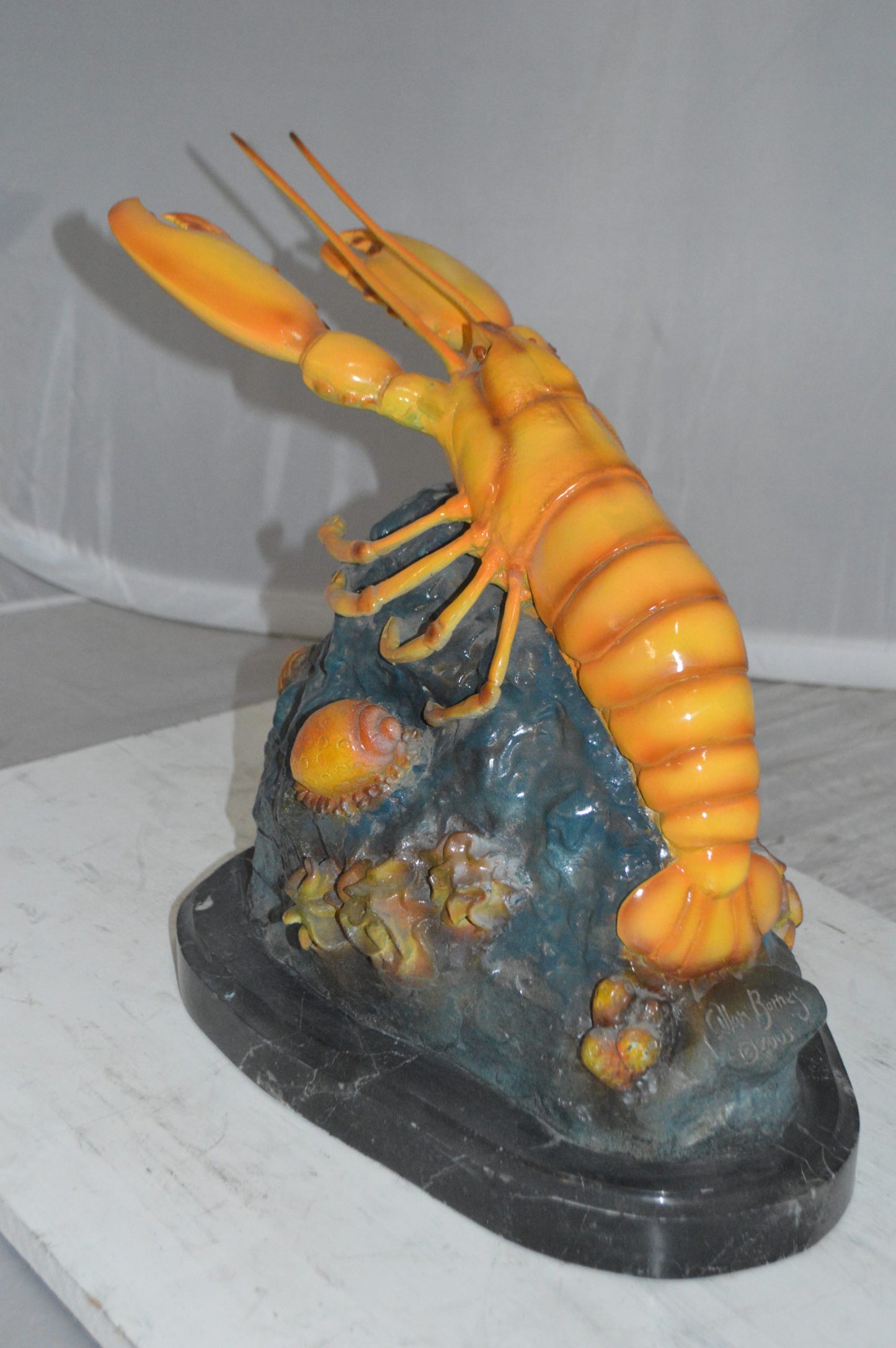 Lobster with Fish Bronze Statue - Size: 9"L x 18"W x 16"H.