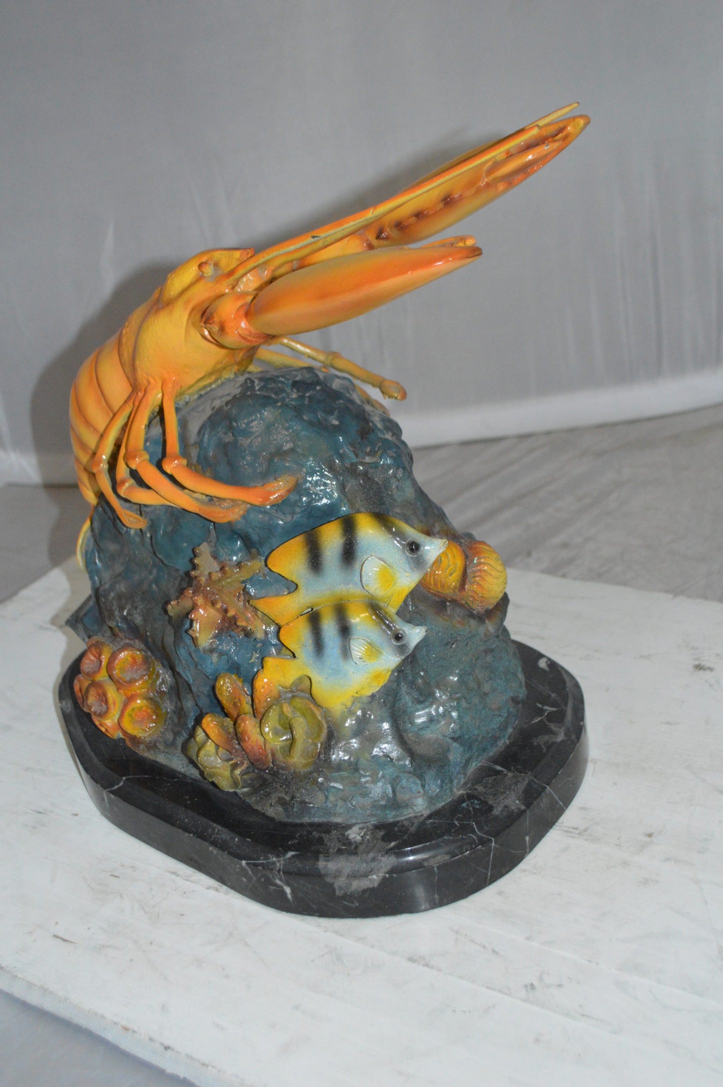 Lobster with Fish Bronze Statue - Size: 9"L x 18"W x 16"H.