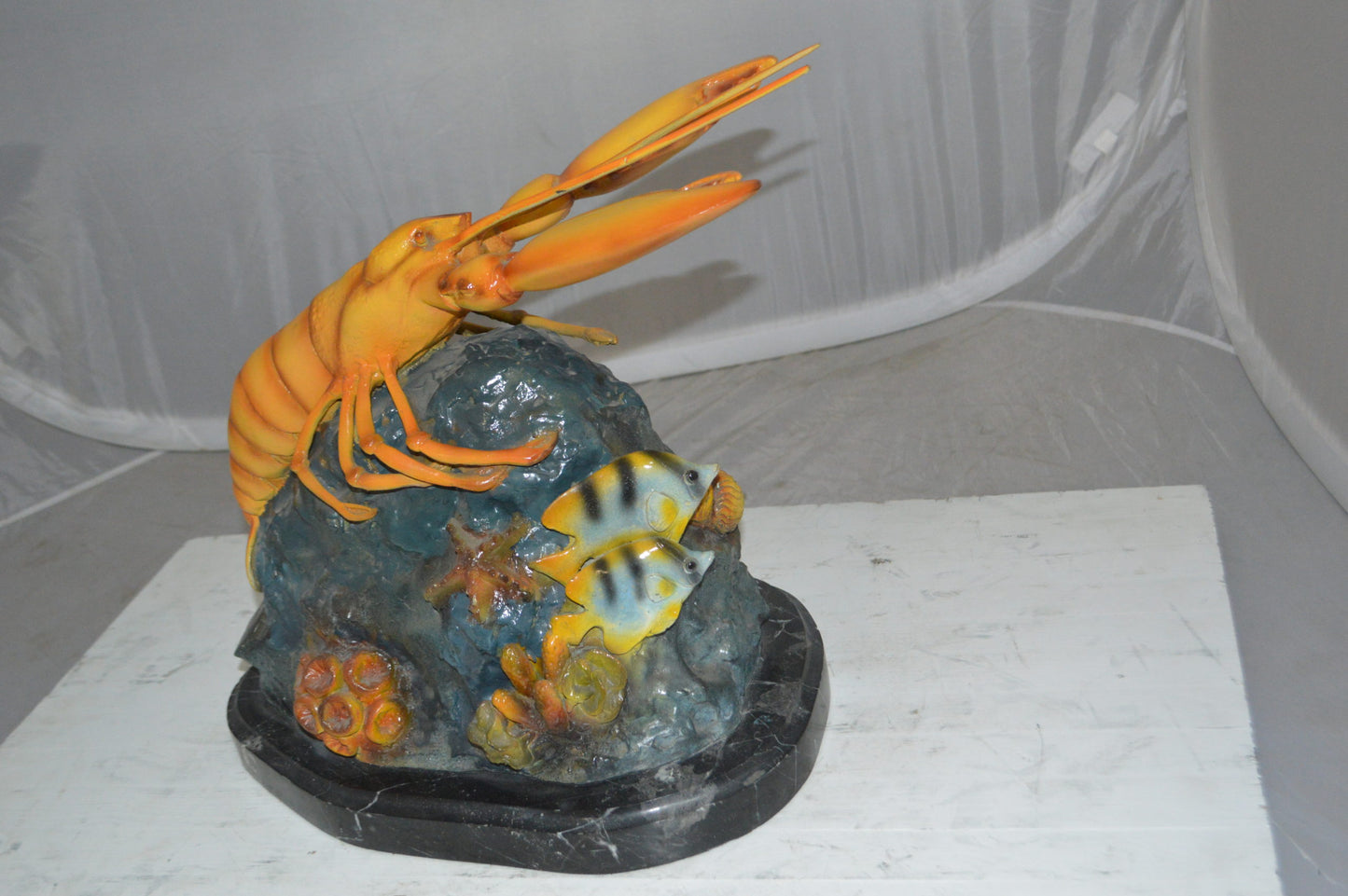 Lobster with Fish Bronze Statue - Size: 9"L x 18"W x 16"H.