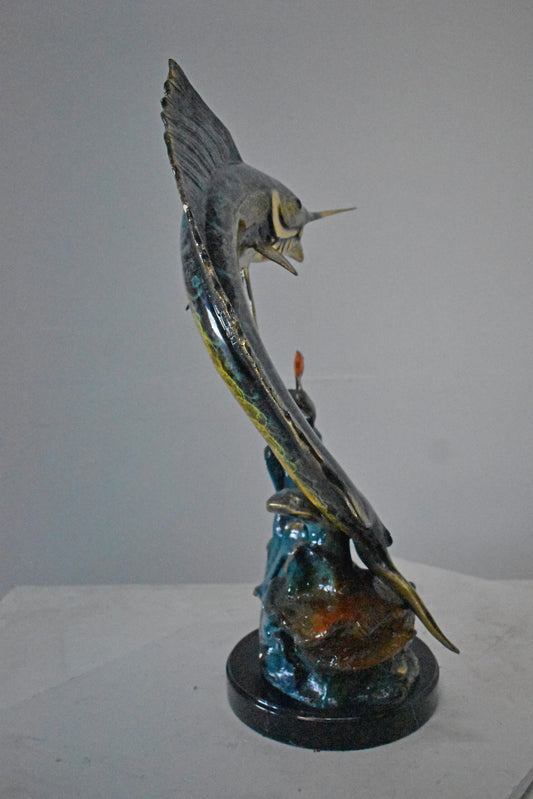 Swordfish with Two Small fish Bronze Statue on Marble - Size: 21"L x 13"W x 28"H