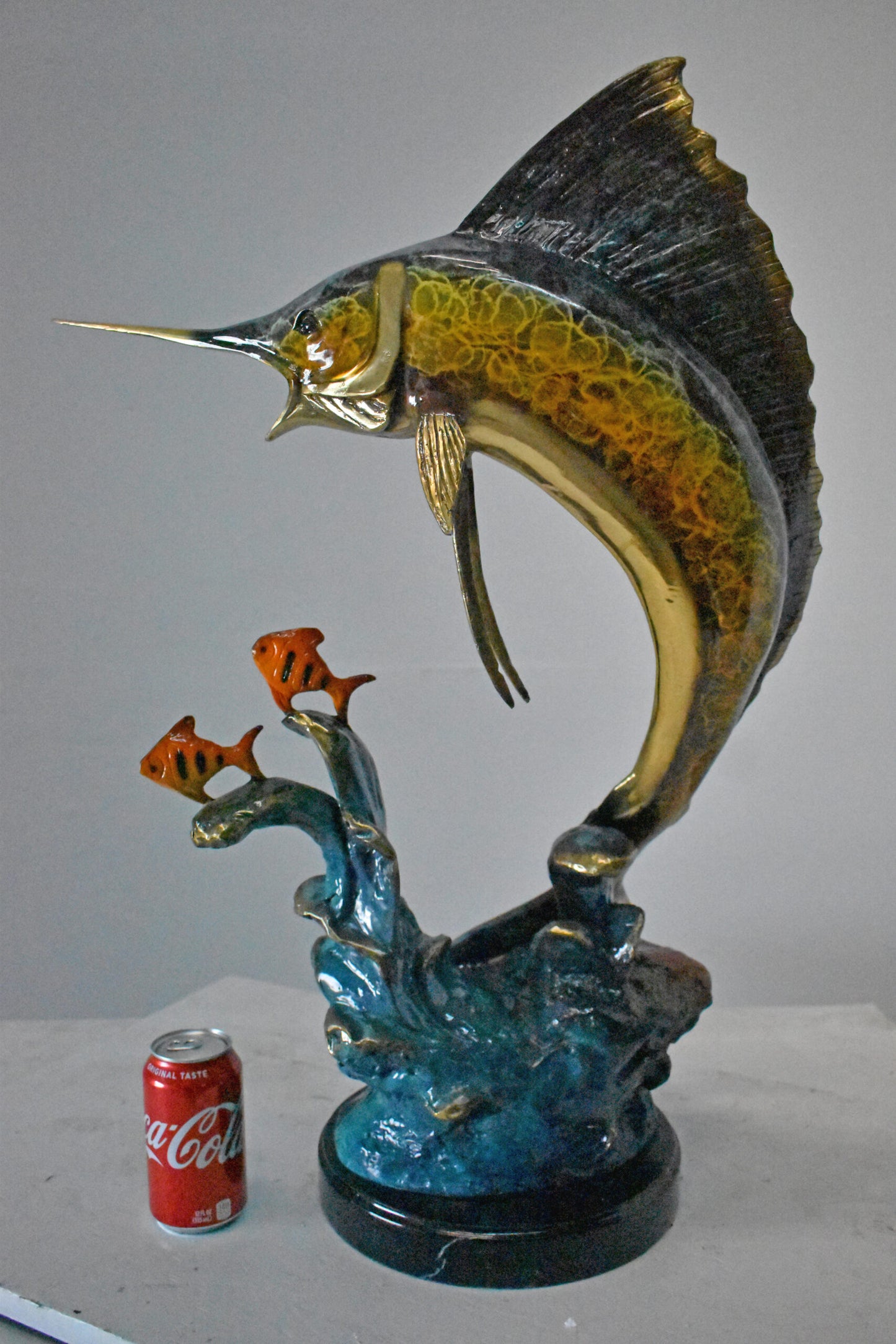 Swordfish with Two Small fish Bronze Statue on Marble - Size: 21"L x 13"W x 28"H
