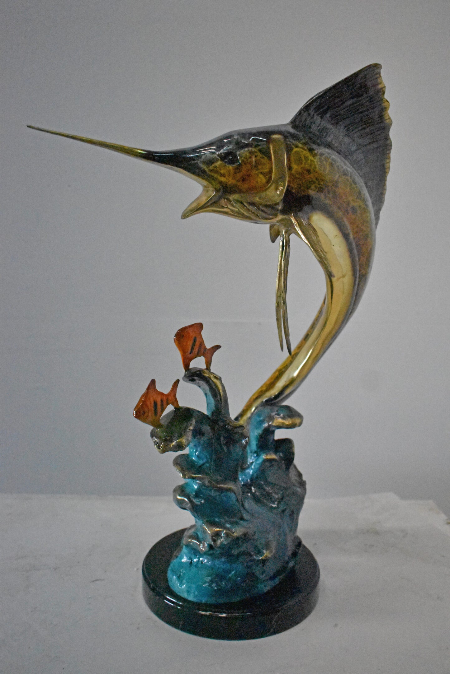 Swordfish with Two Small fish Bronze Statue on Marble - Size: 21"L x 13"W x 28"H