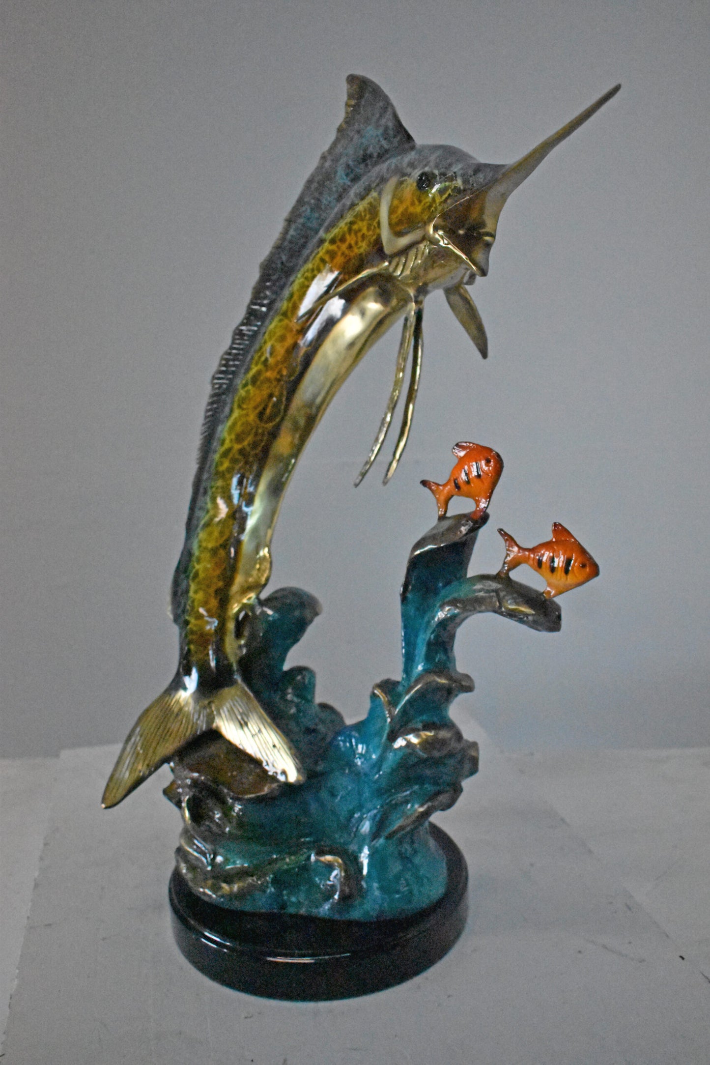 Swordfish with Two Small fish Bronze Statue on Marble - Size: 21"L x 13"W x 28"H
