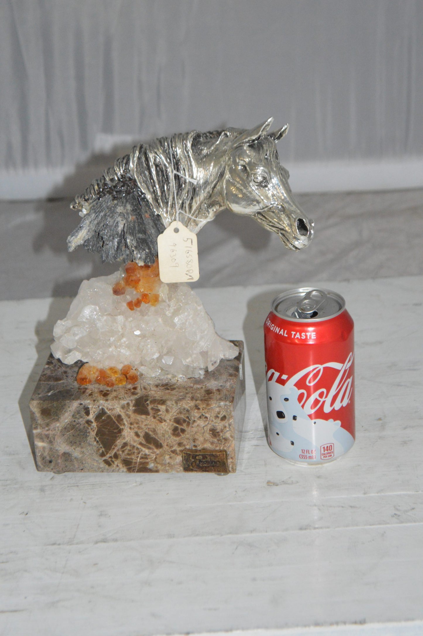 Horse on Crystal Stone mounted on Marble by Vidal - Size: 4"L x 9"W x 10"H.