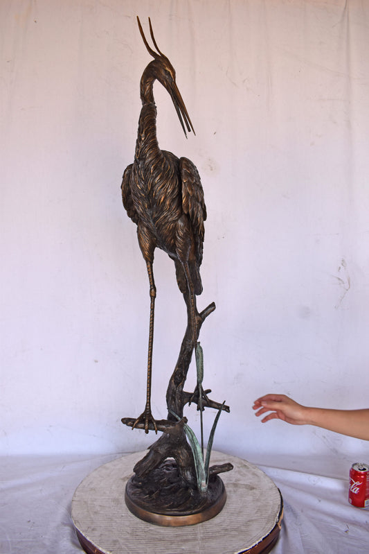 Crane Standing on A Branch Bronze Statue Fountain - Size: 13"L x 7"W x 43"H.