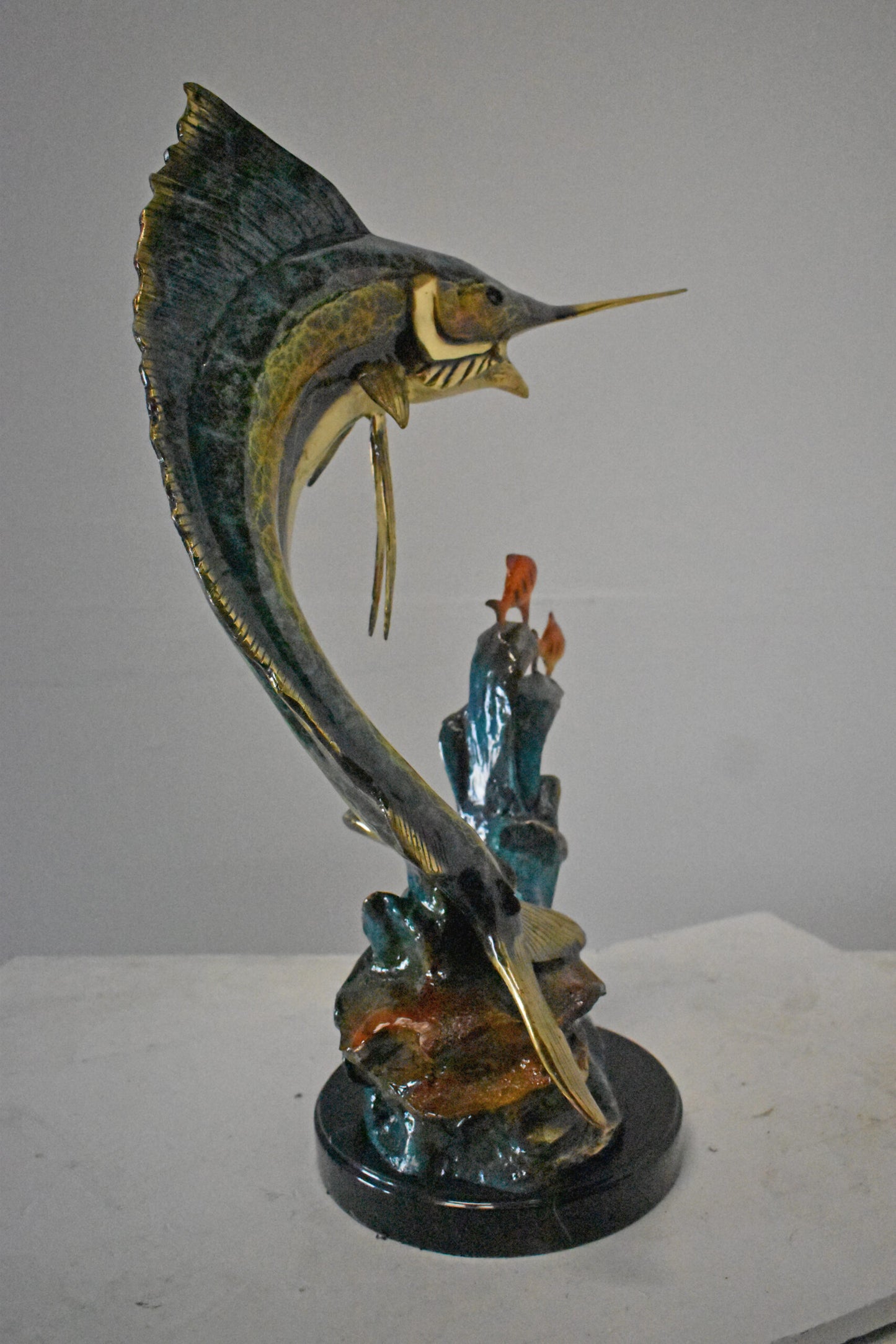 Swordfish with Two Small fish Bronze Statue on Marble - Size: 21"L x 13"W x 28"H