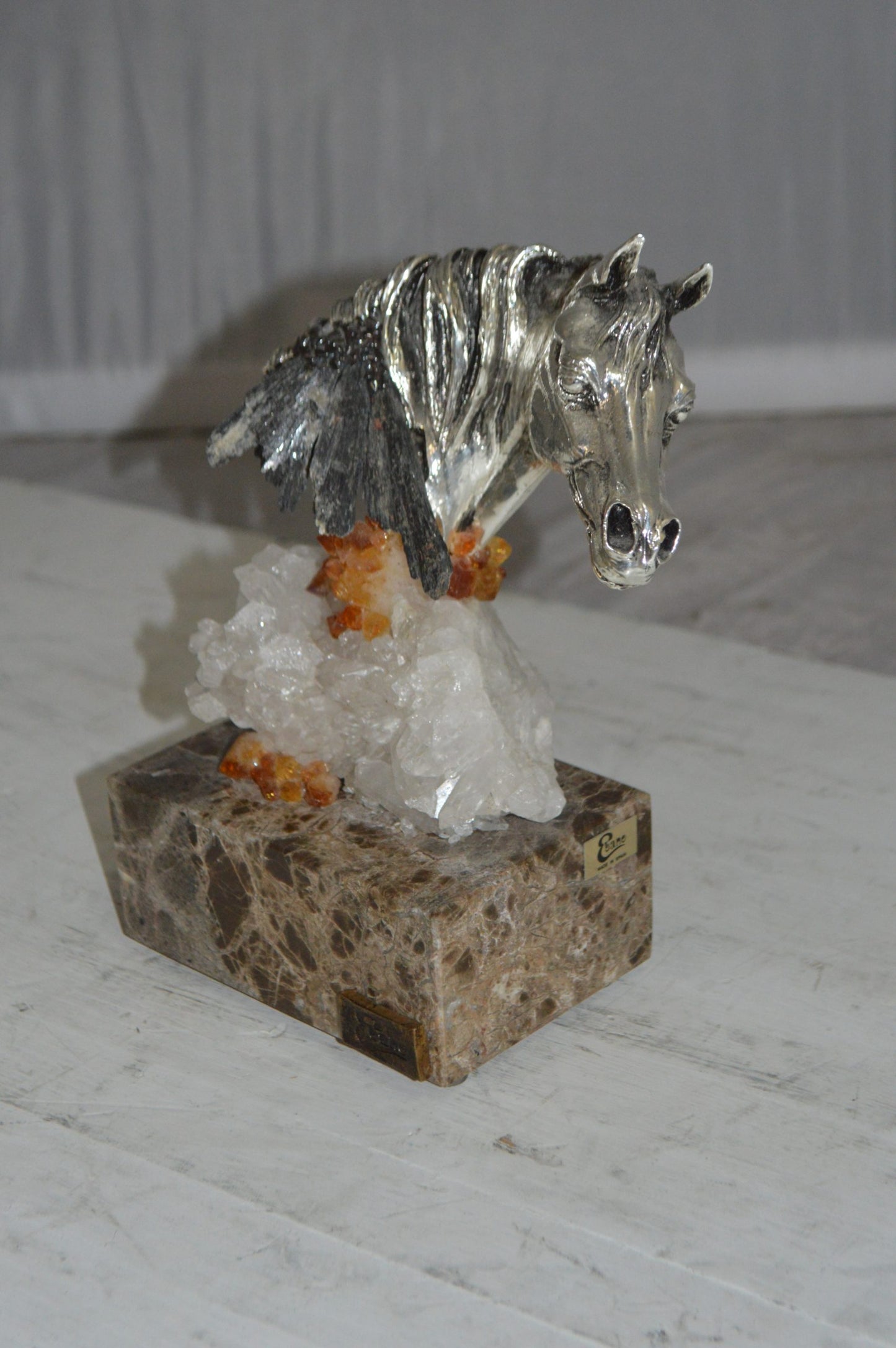 Horse on Crystal Stone mounted on Marble by Vidal - Size: 4"L x 9"W x 10"H.