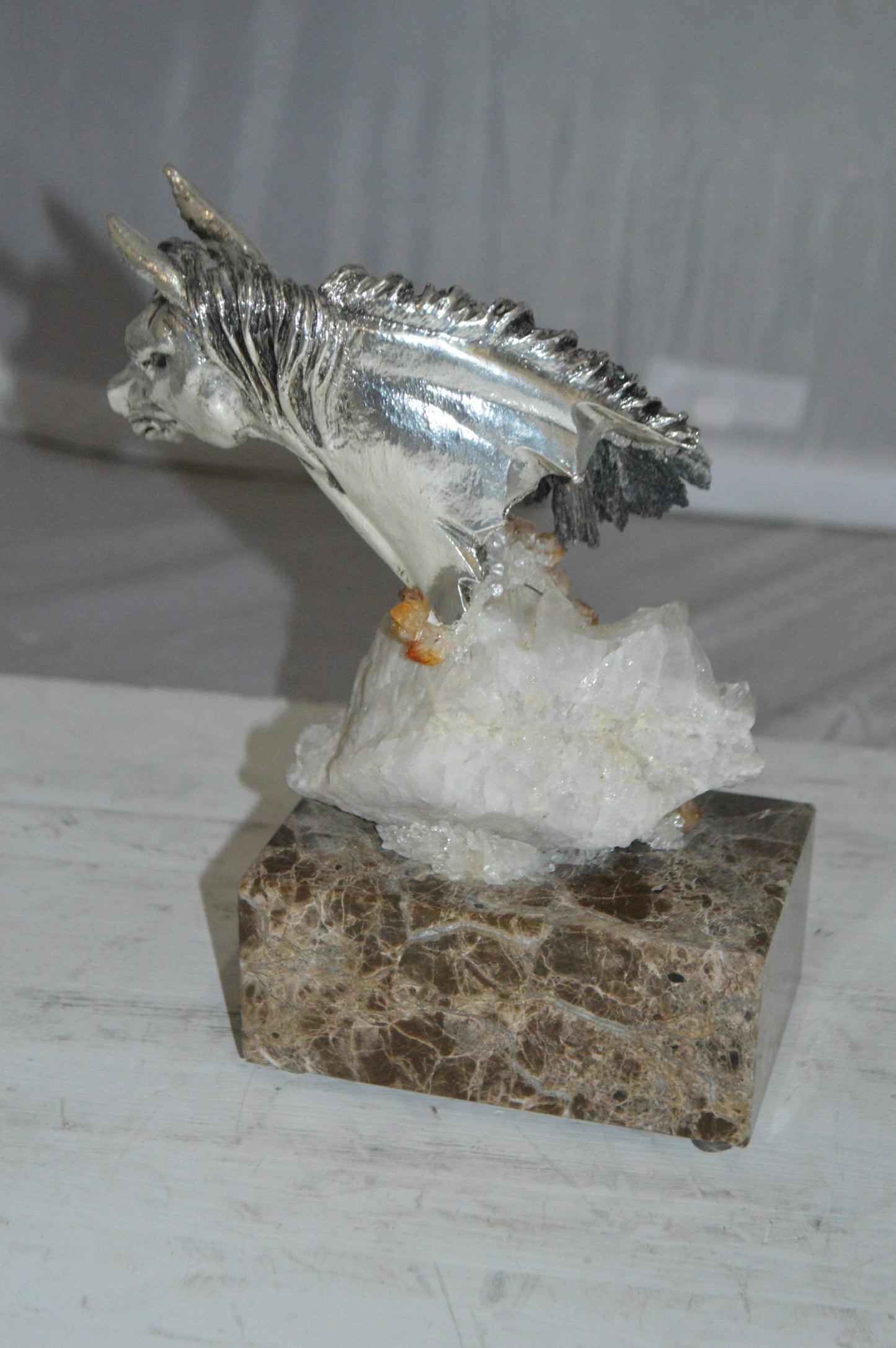 Horse on Crystal Stone mounted on Marble by Vidal - Size: 4"L x 9"W x 10"H.