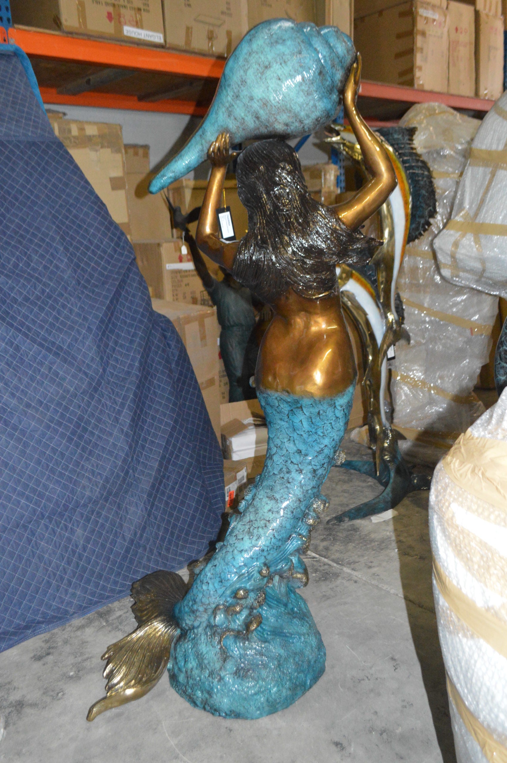 Mermaid holding a shell - large Bronze Statue -  Size: 43"L x 30"W x 76"H.