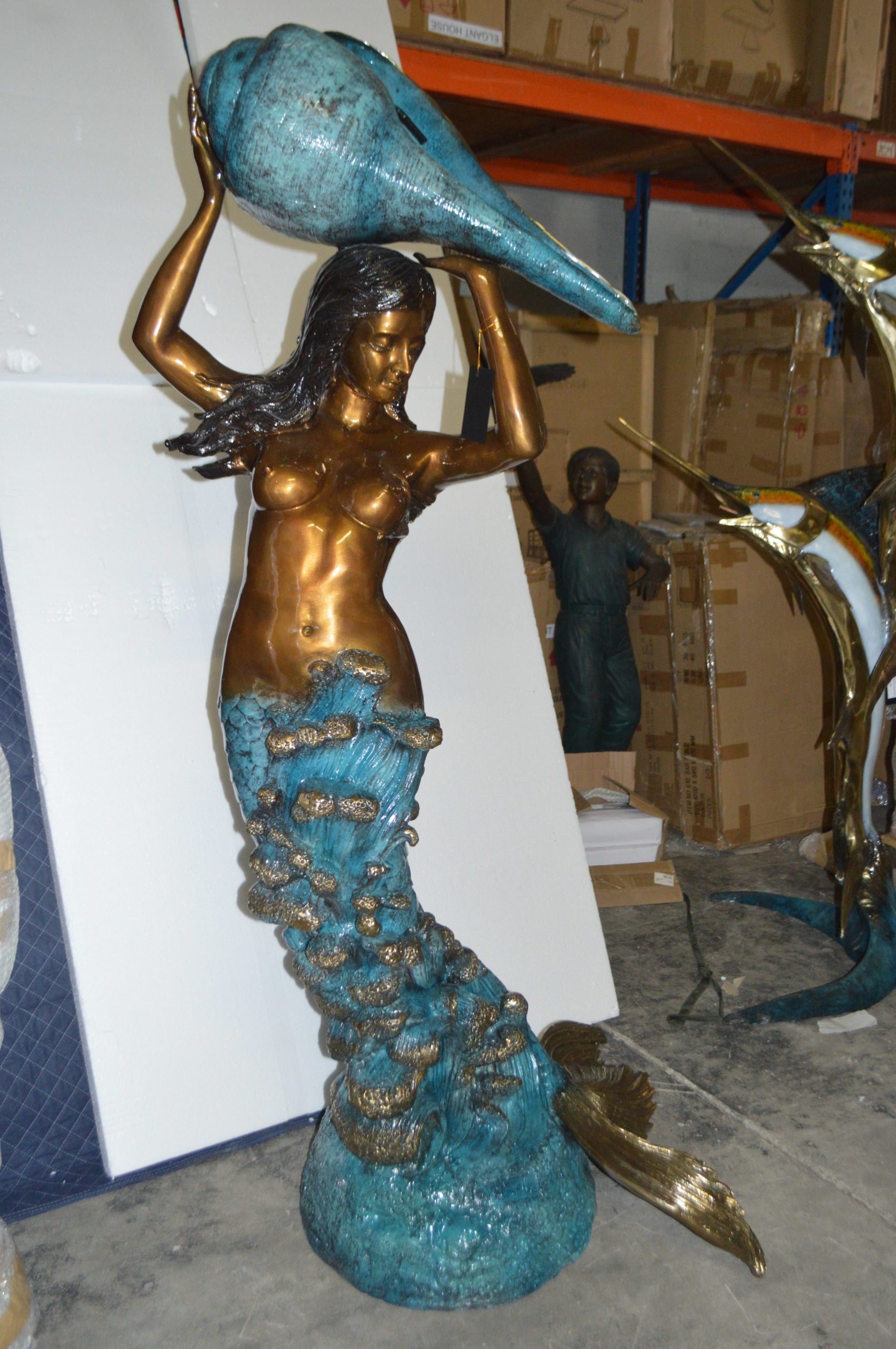 Mermaid holding a shell - large Bronze Statue -  Size: 43"L x 30"W x 76"H.