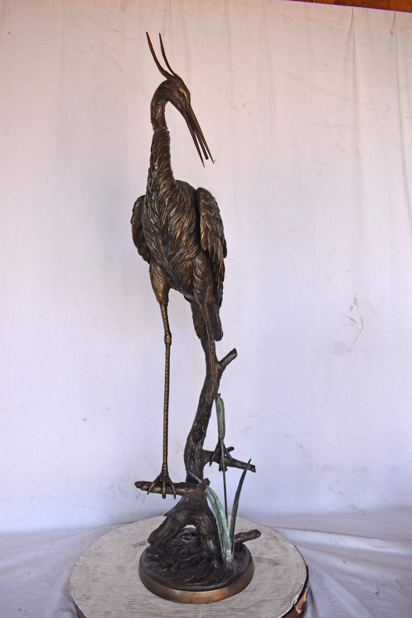 Crane Standing on A Branch Bronze Statue Fountain - Size: 13"L x 7"W x 43"H.